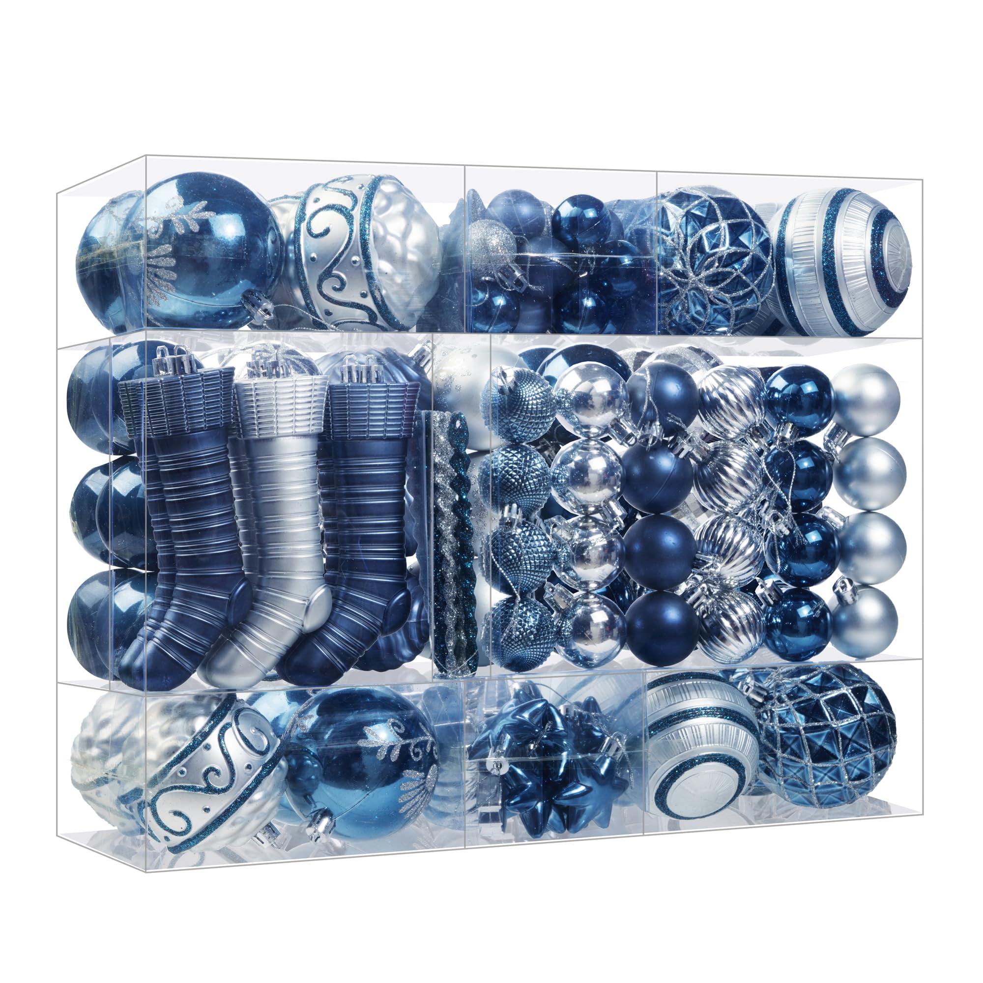 Juego de 150 adornos de bolas de Navidad, bolas de Navidad inastillables, colgantes surtidos para árbol de Navidad, fiestas, vacaciones, decoración del hogar (azul y plateado)