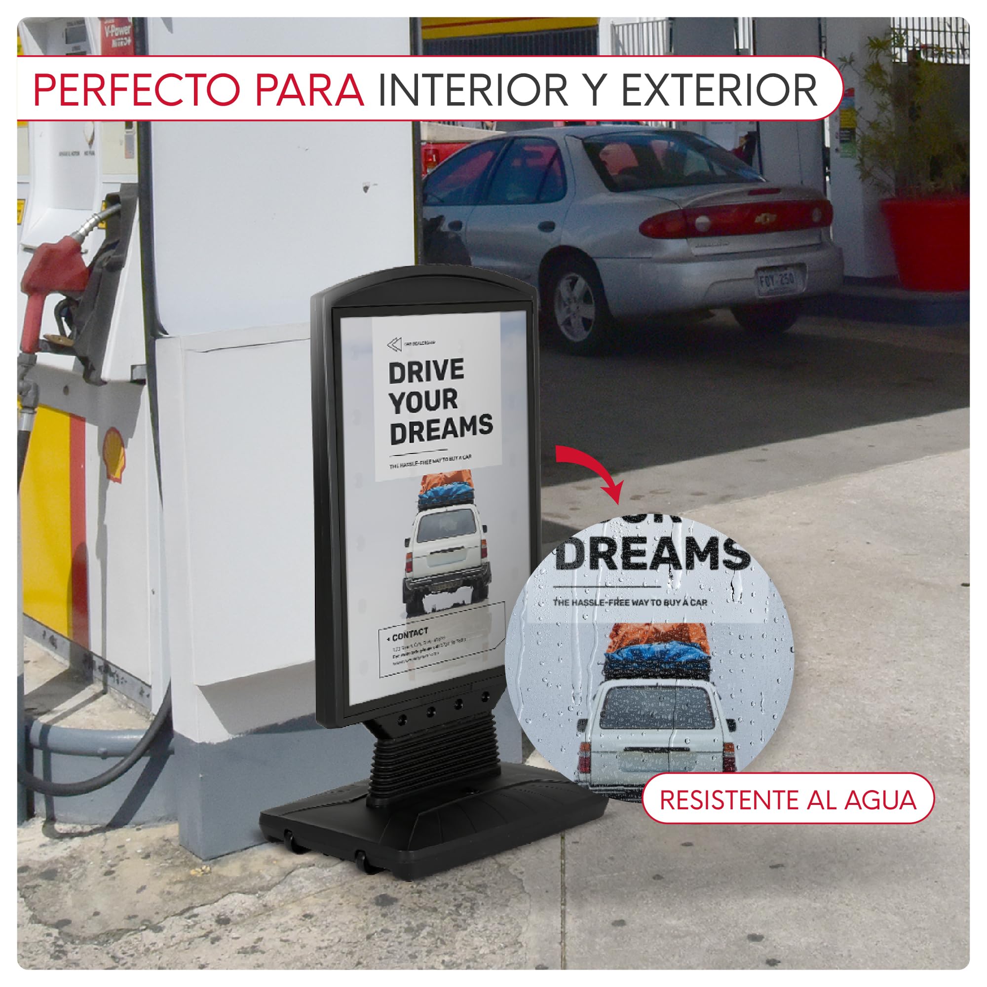 Caballete Publicitario Exterior Dortmund | Expositor Doble Cara Tamaño A1 con Base Rellenable y Ruedas | Soporte para Carteles Resistente al Viento y Agua | Con Protector UV