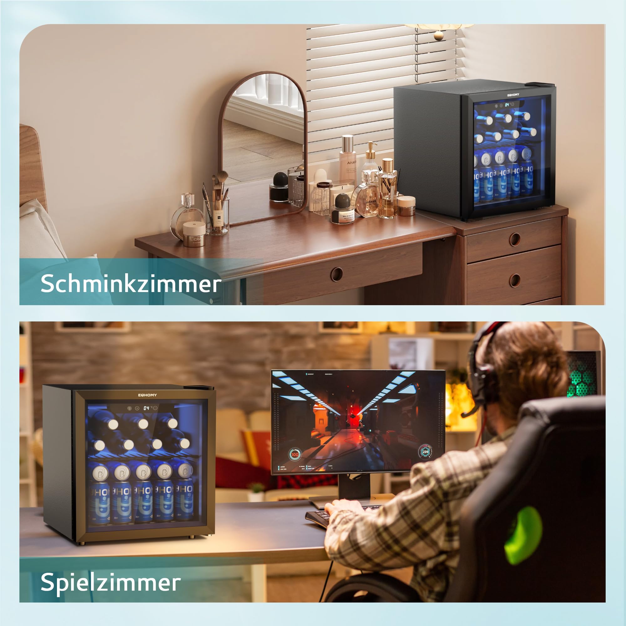 EUHOMY Getränkekühlschrank Mini Kühlschrank Glastür 55 Dosen 36L Schwarz LED 43dB Geräuscharm