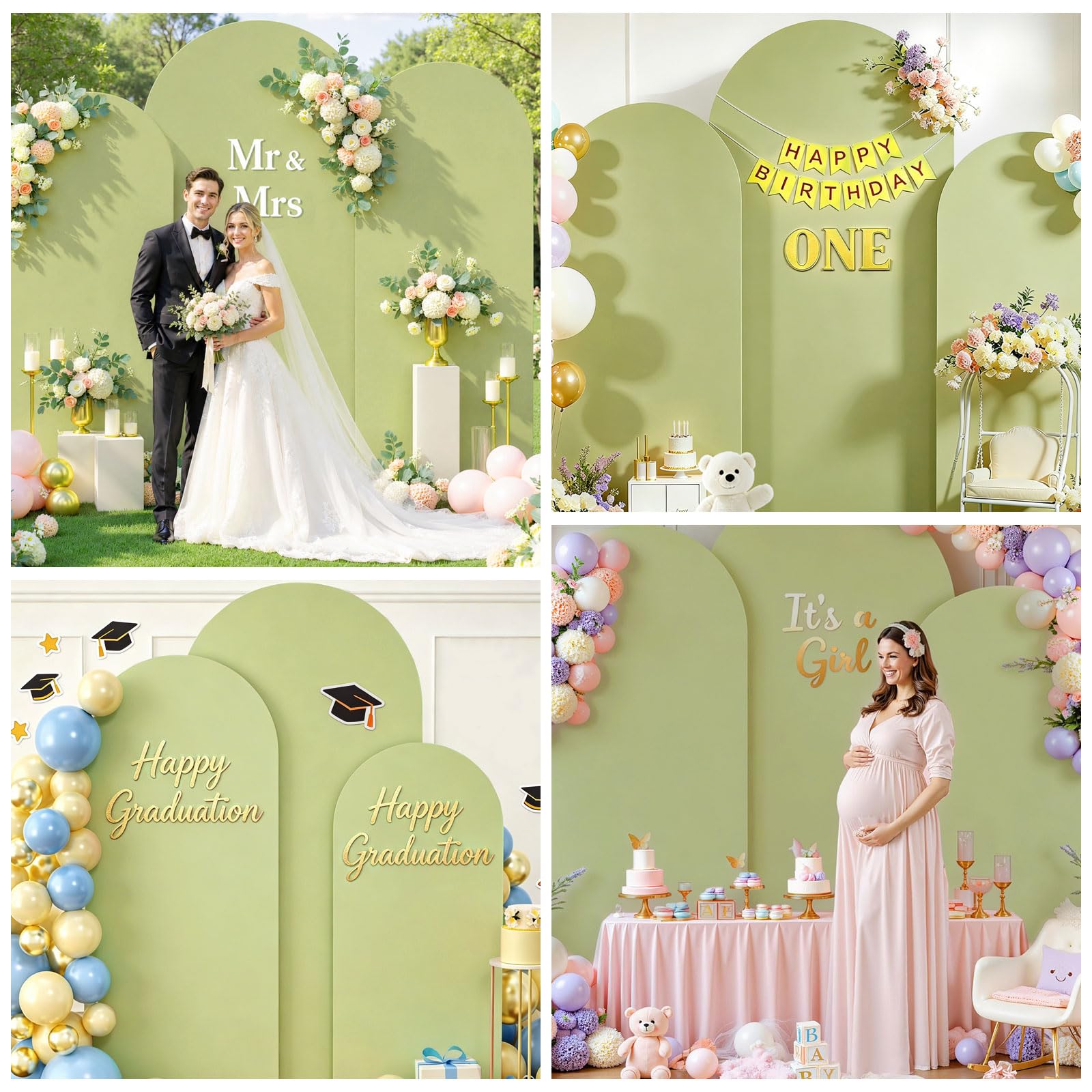 Arc de fond - Toile de fond double face avec dessus rond, fond photo pour mariage, anniversaire, cérémonie, fête et banquet (vert, lot de 3)