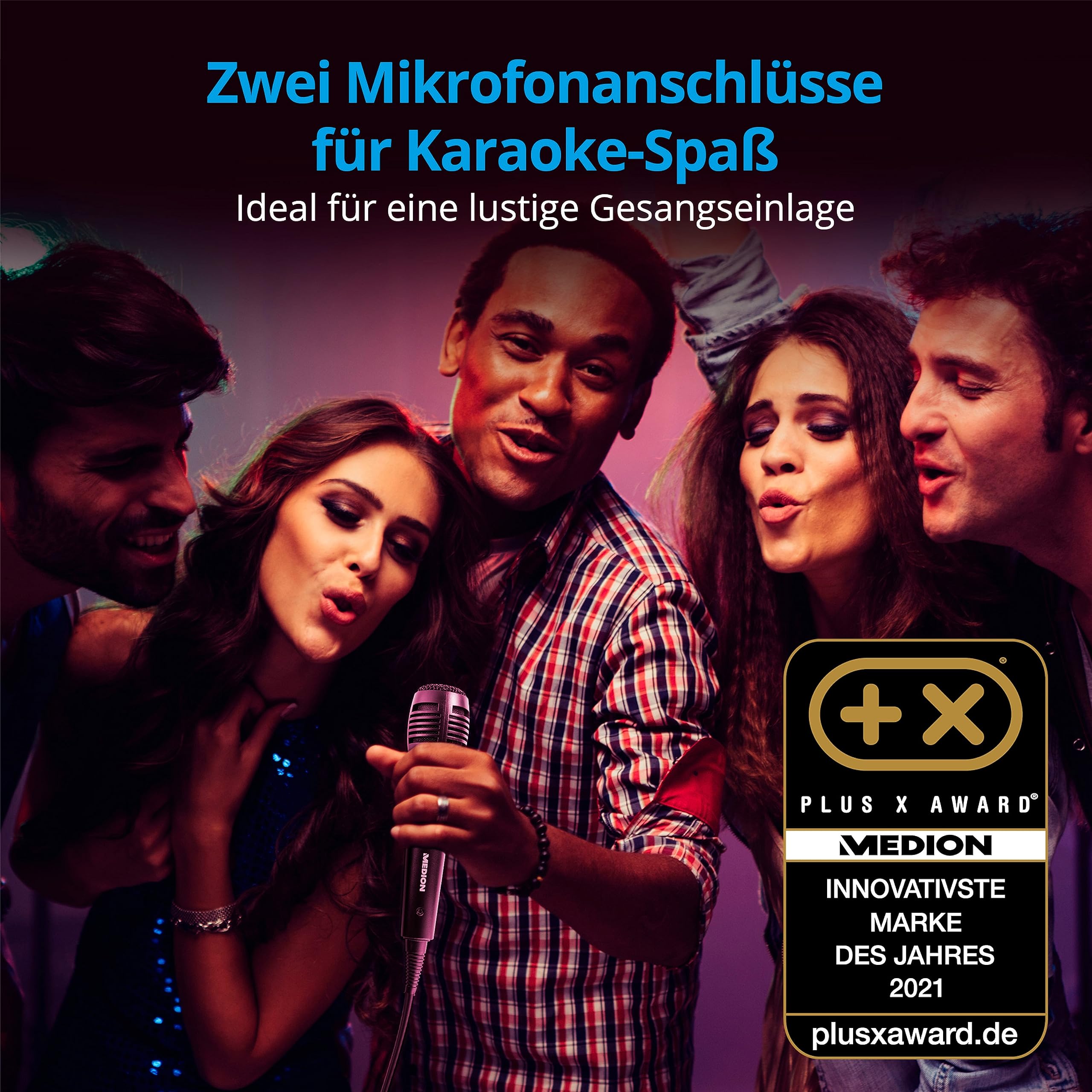 MEDION E61400 Party-Soundsystem (Partylautsprecher, inkl. Mikrofon, Karaoke, Akku, Bluetooth 5.0, Kompaktanlage, Farbige umlaufende LEDs, USB, AUX, 2X Mikrofonanschluss)