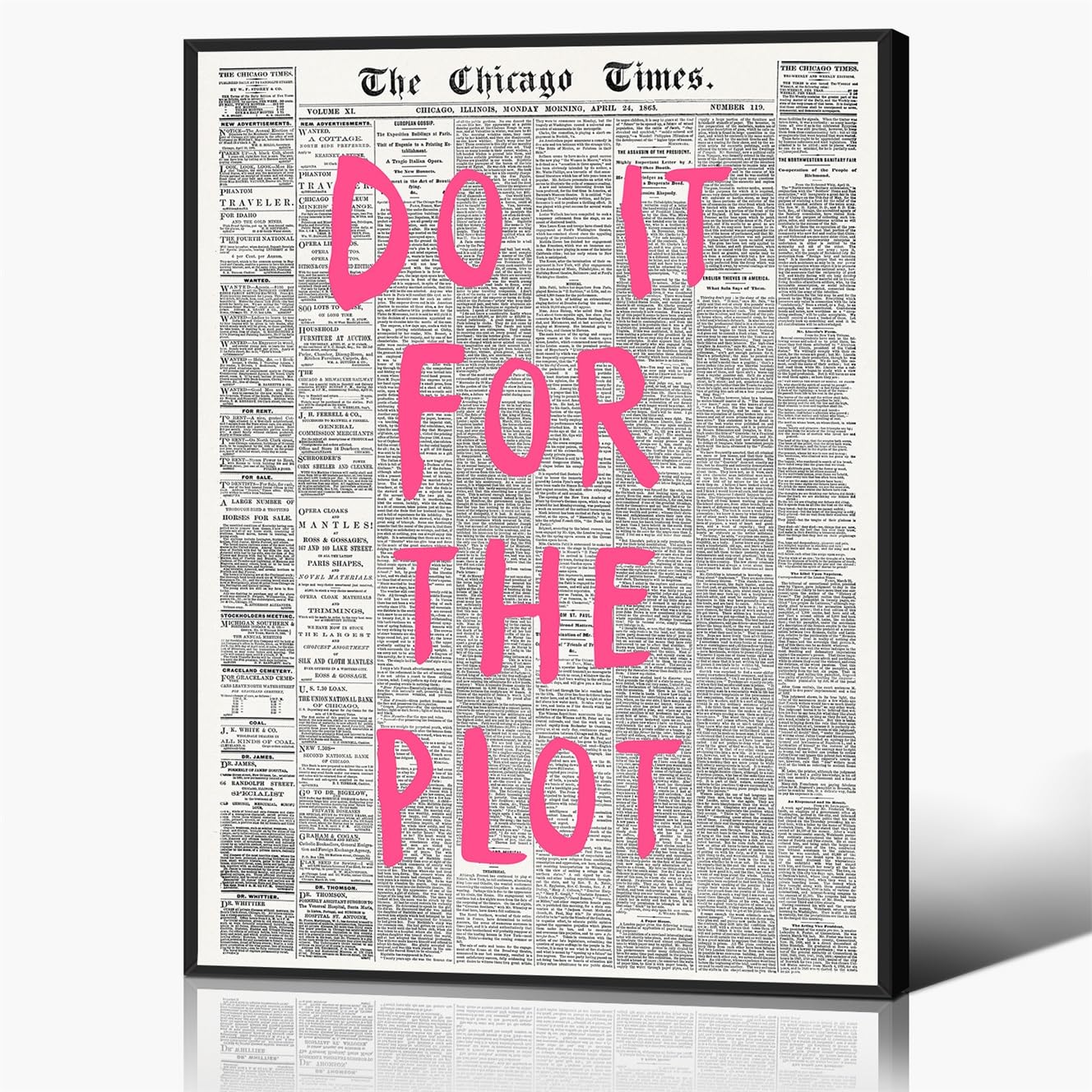 Anslipswar Vintage Pink Quote Newspaper Canvas Wall Art, Affirmation Quote Do It For The Plot Room Aesthetic Poster, Retro Pink Typography Print for Apartment Bedroom Decor 12x16in Framed