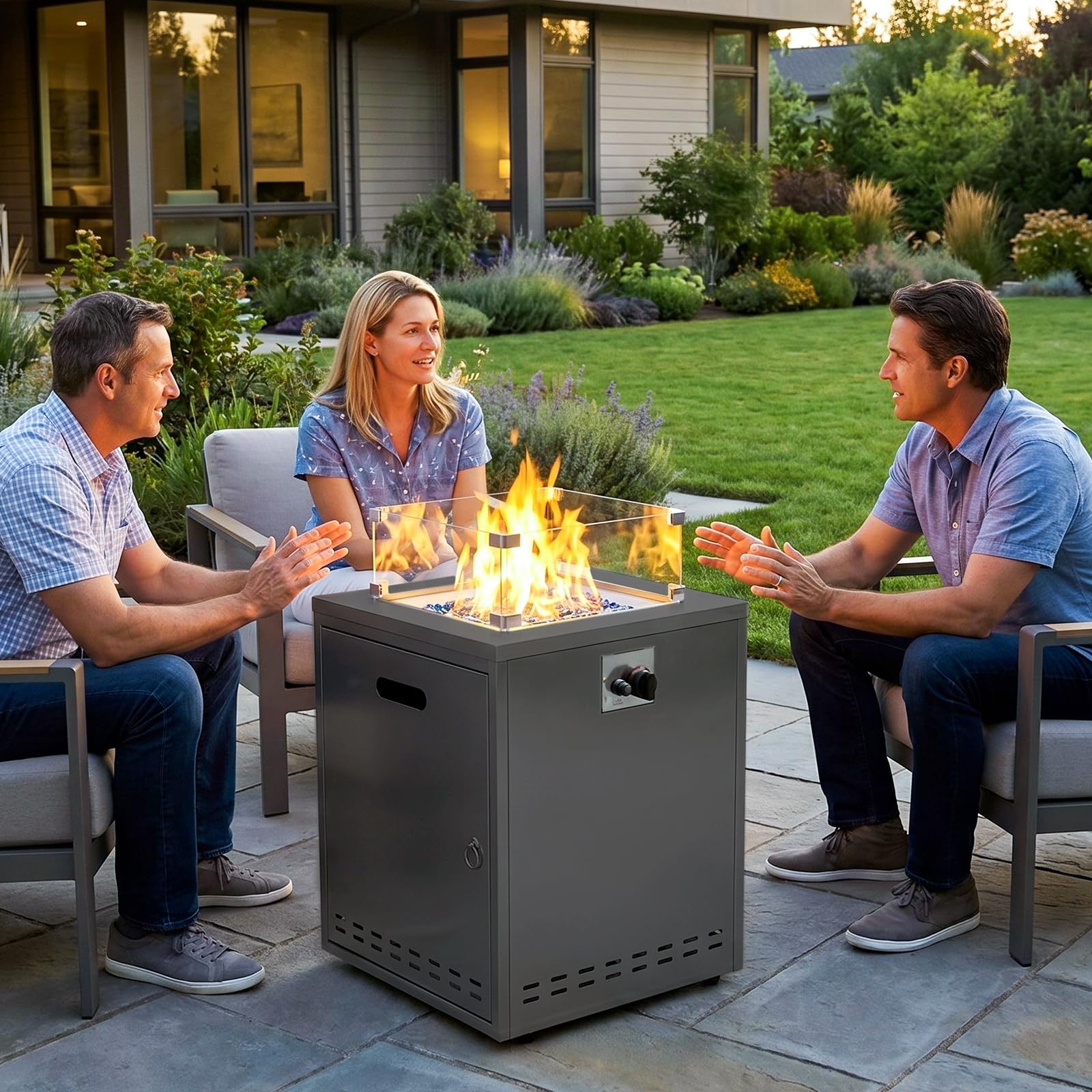 TLGREEN 20" Gas Feuerstelle Outdoor, Feuerstellen für Garten Balkon, 14.5kW | Feuertisch mit Glaswindschutz, Glassteine, Wasserfester Schutzhülle, Gas Gartentisch, Gaskamin, 4PCS Füße, 50x50x62cm