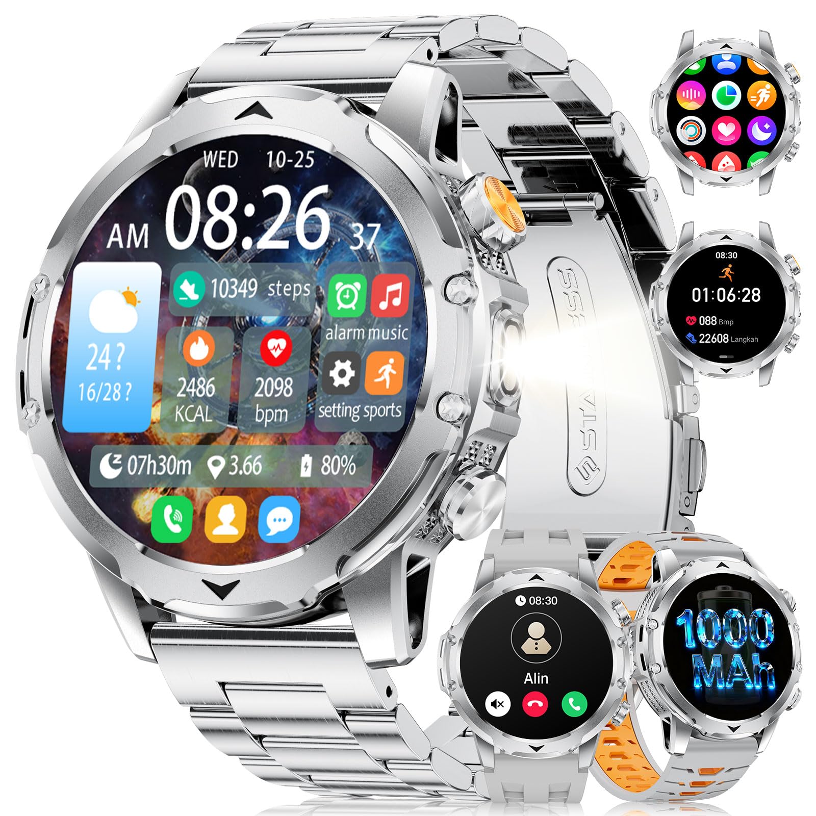 DREMAC Montre Connectée Homme avec 1,53 HD Écran/LED Lampe/1000mah Batterie,IP68 Étanche Smartwatch avec 100+ Modes Sportifs,24/7 Moniteur de Fréquence Cardiaque et Sommeil,pour Android iOS, Argent