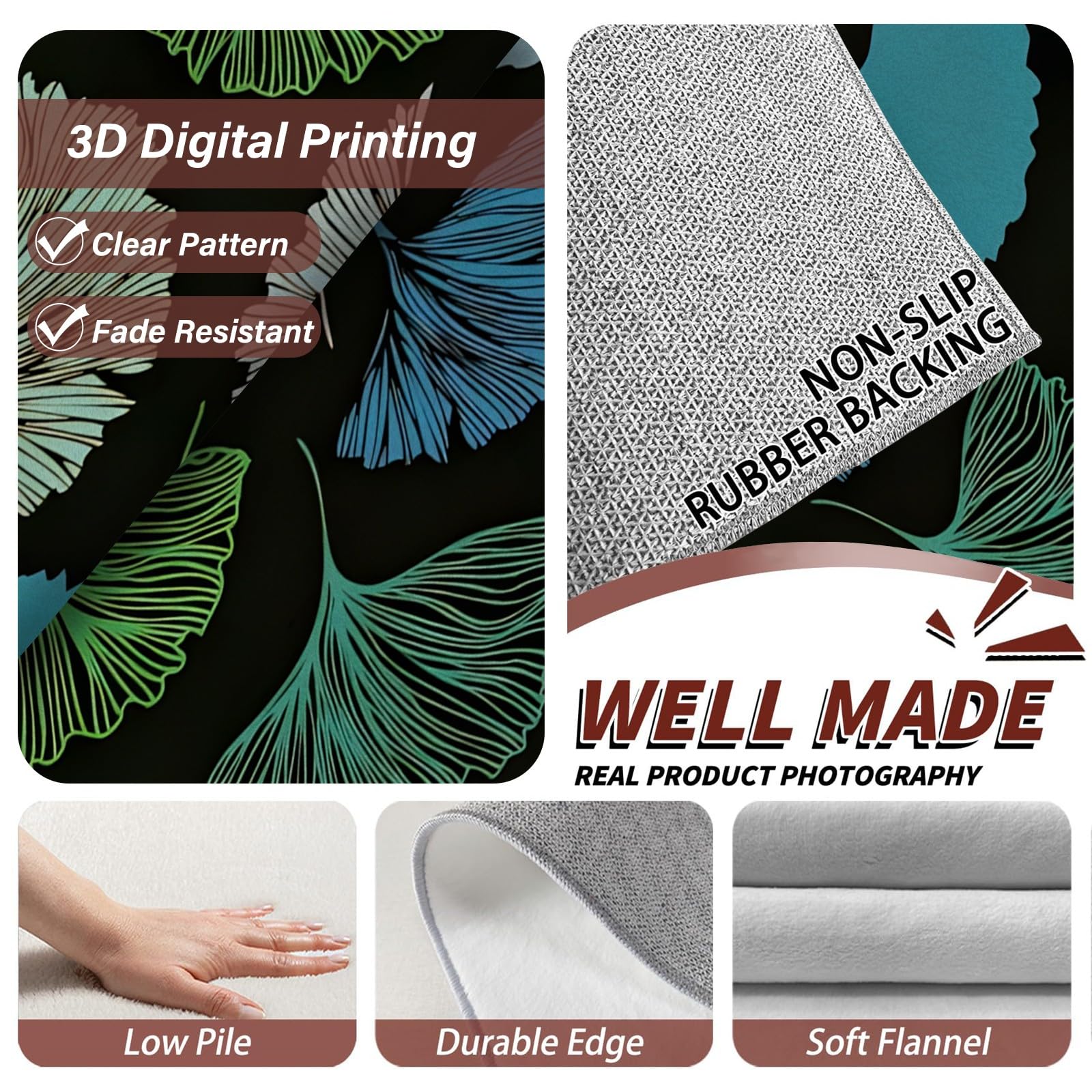 Waschbarer Kurzflor-Teppich 200x250, Mehrfarbige Blätter Teppich, Modern Dünn Saugfähig Vielseitig für Wohnzimmer Schlafzimmer Oder Als Bettvorlege Q#30
