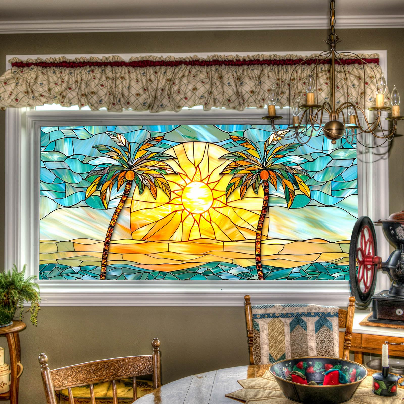 Tropical Stained Glass Window Film Palm Tree Sun Beach Decorative Glass Sticker Privacy Window Clings for Home Living Room Bedroom Office 39.3 × 17.7 Inchs