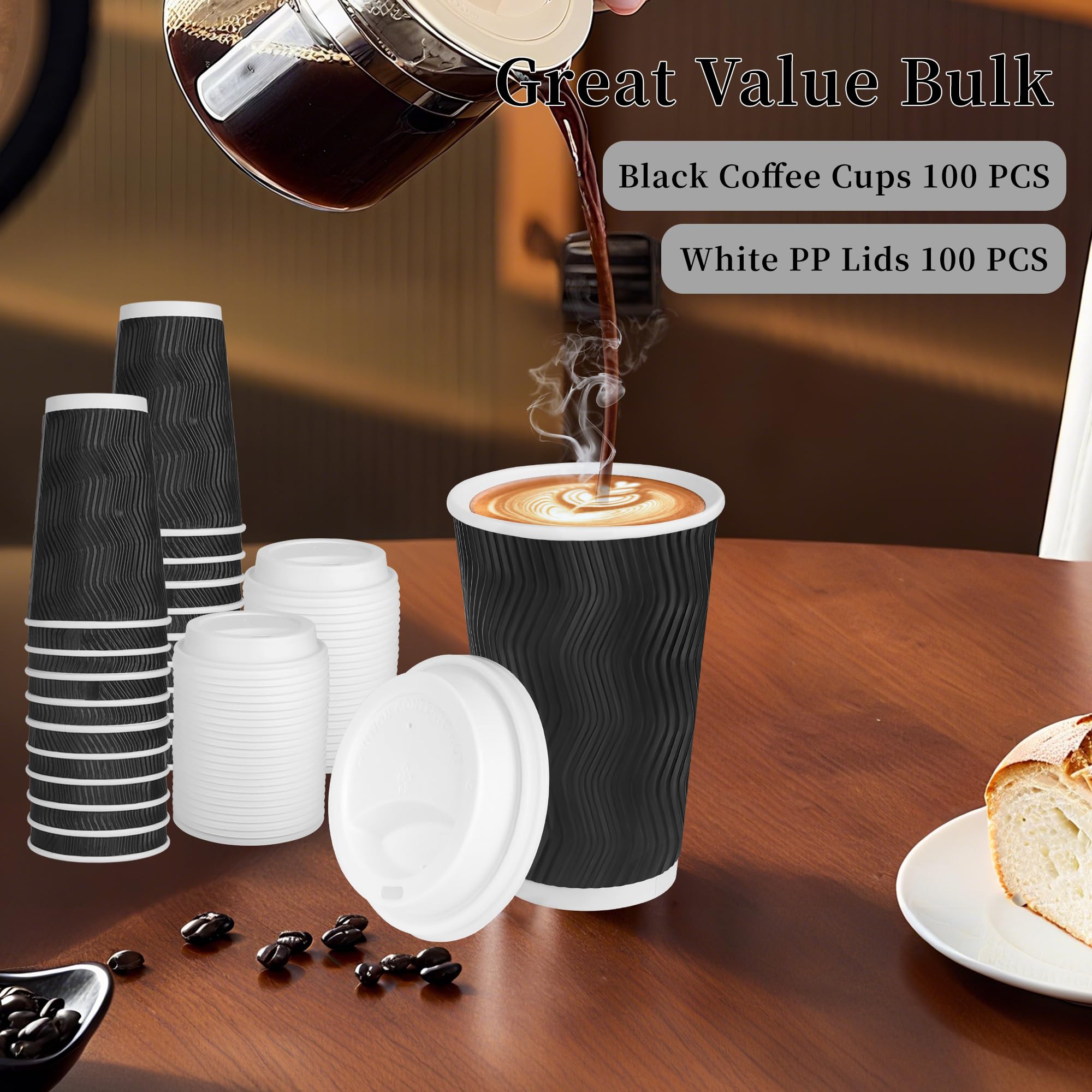 100 Set - 16 oz Coffee Cups with Lids, Disposable Insulated Corrugated Paper Cups, Double Wall Ripple To Go Cups for Hot Drinks, Chocolate, Cocoa (Black)
