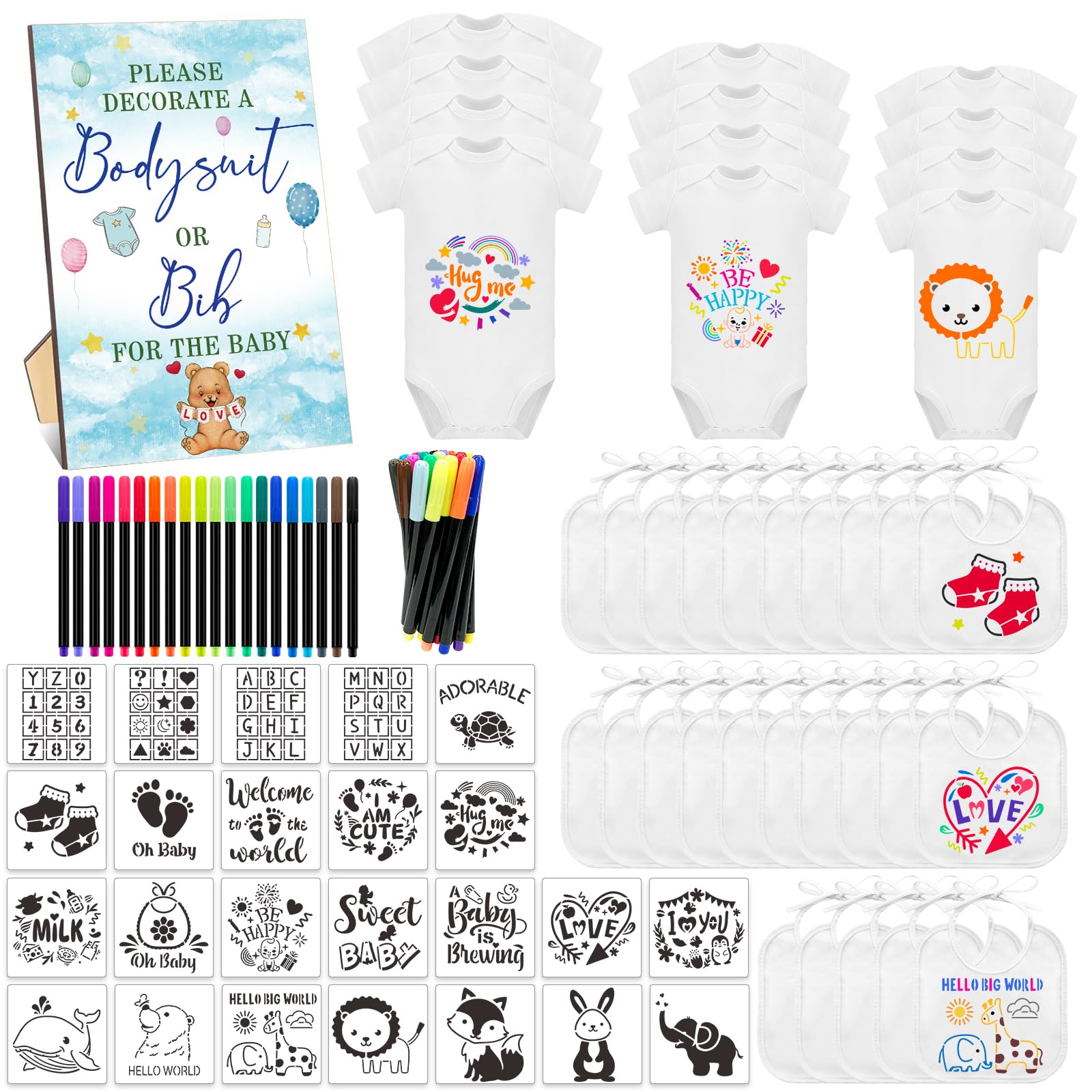 82 Pcs Baby Bib Bodysuit Baby Shower Set Baby Shower Game Sign Baby Feeder Bib Newborn Bodysuit Fabric Marker