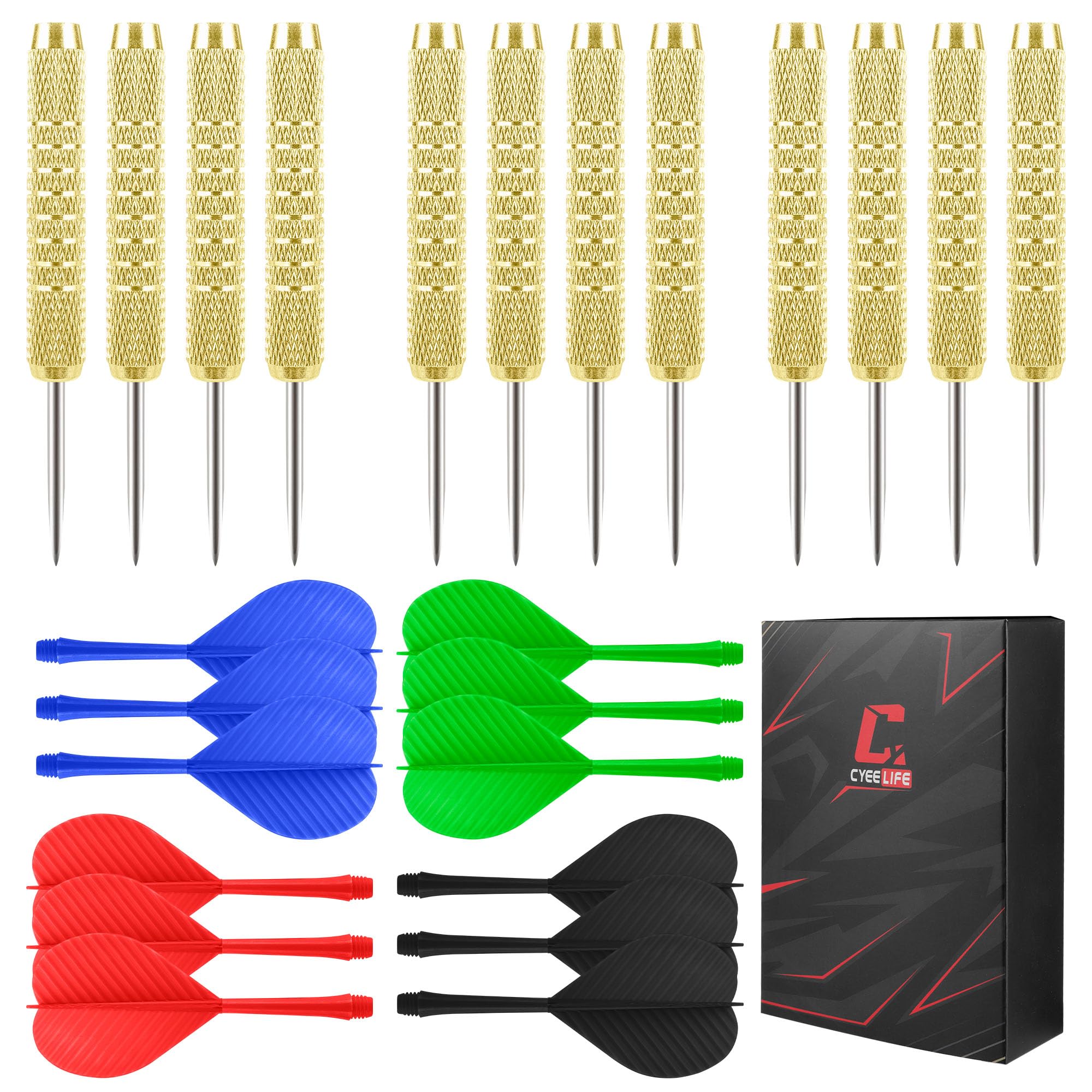 CyeeLife Fléchettes Pointe Acier 12 pcs,Fléchettes Pointe Métal,Jeu de Fléchettes avec 4 Couleurs d'Ailettes,Set Complet pour Débutants