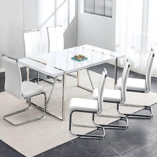 Miniatura 2 de Juego de mesa de comedor para 6, mesa de cocina rectangular blanca de MDF y juego de sillas de comedor de cuero de 6, juego de mesa de comedor de 7