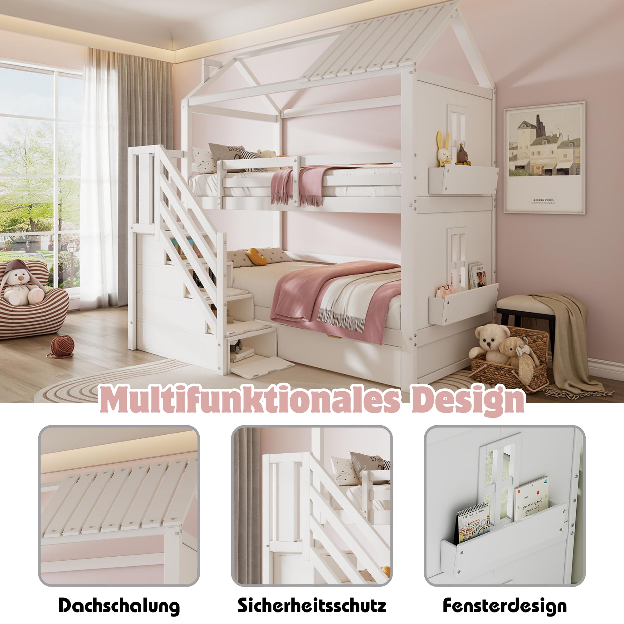 Dolamaní Letto a castello per 2 bambini, 90 x 200 cm, letto per fratelli con scale e cassetti e mensole, extra grande, legno di pino (bianco)