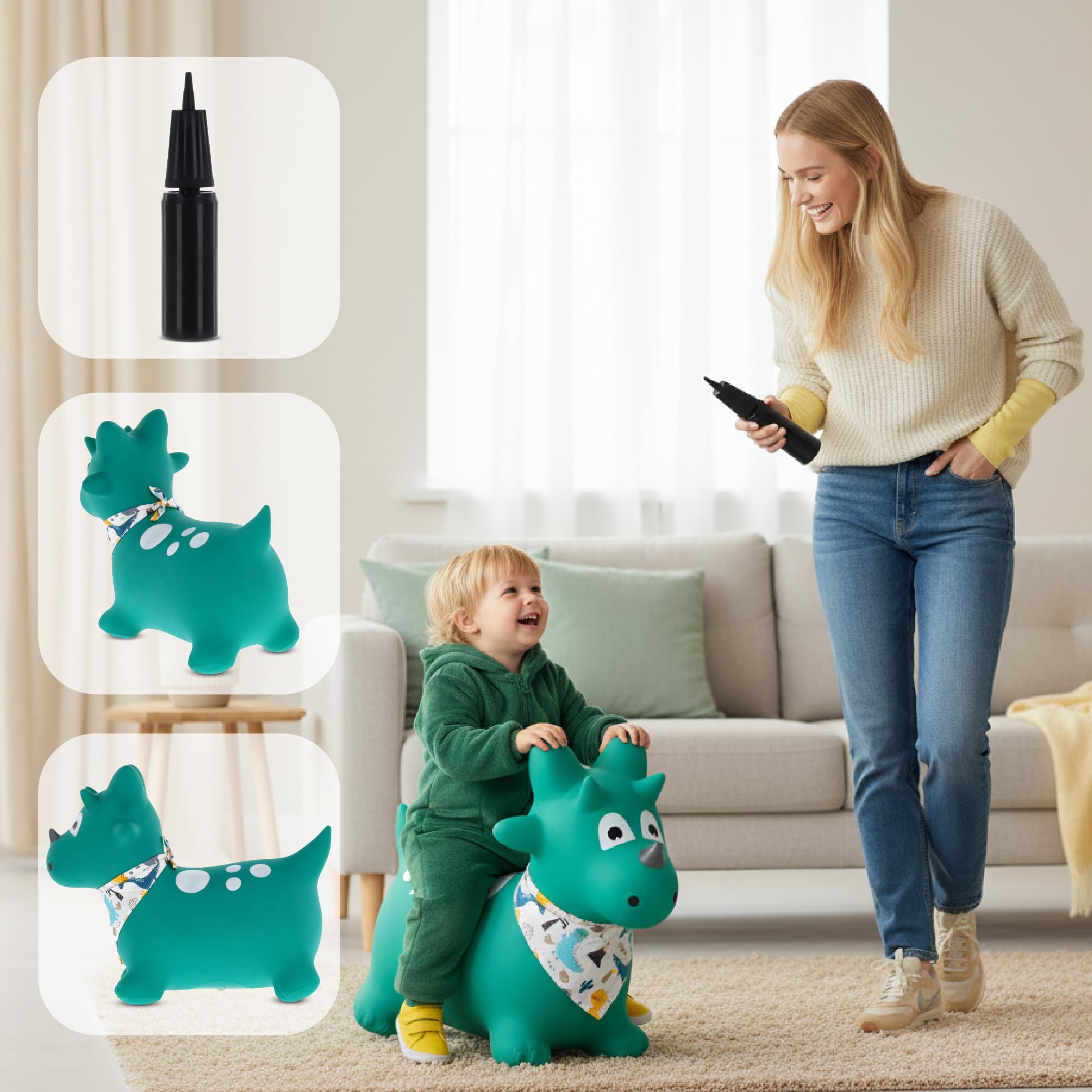 sun baby Animale Gonfiabile Che Salta, Giocattolo di 1 Anno, Saltarello per Bambini, Design ergonomico, Cavallo Giocattolo, Pompa Manuale Inclusa (Dino Verde con Bandana)
