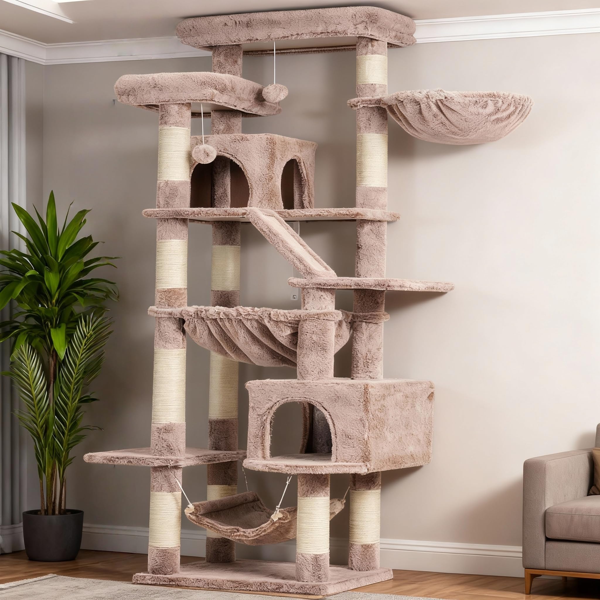 Heybly Cat Tree, 71-Inch-Tall Tower for Indoor Cats with 2 Perches, 2 Big Condos, 2 Hammocks, Basket, Scratching Pad, Large Cat Furniture and Condo,