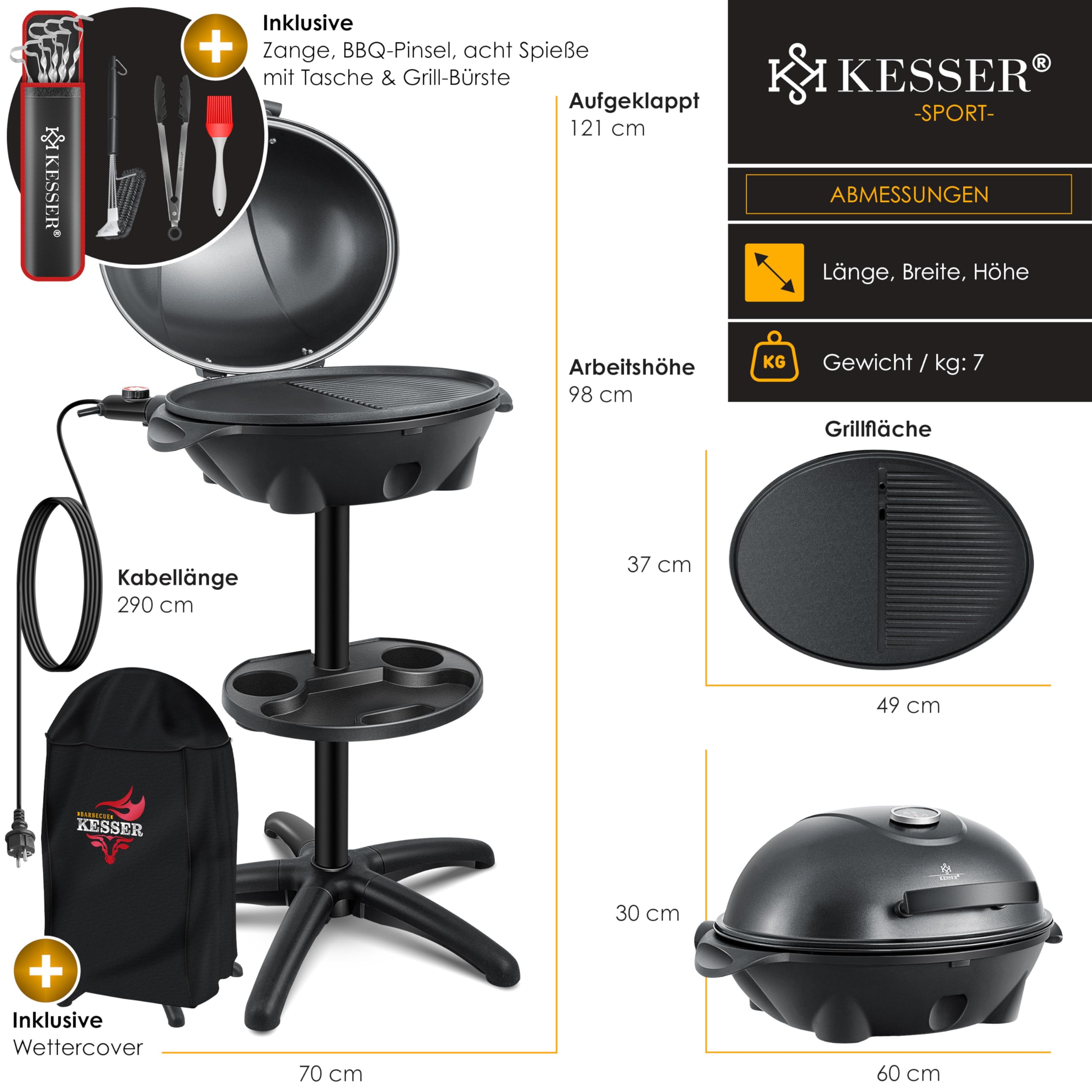 KESSER® Barbecue électrique 2 en 1, sur pied, couvercle, thermomètre, 2400 W, revêtement antiadhésif, plaque de cuisson XXL, rangement intégré