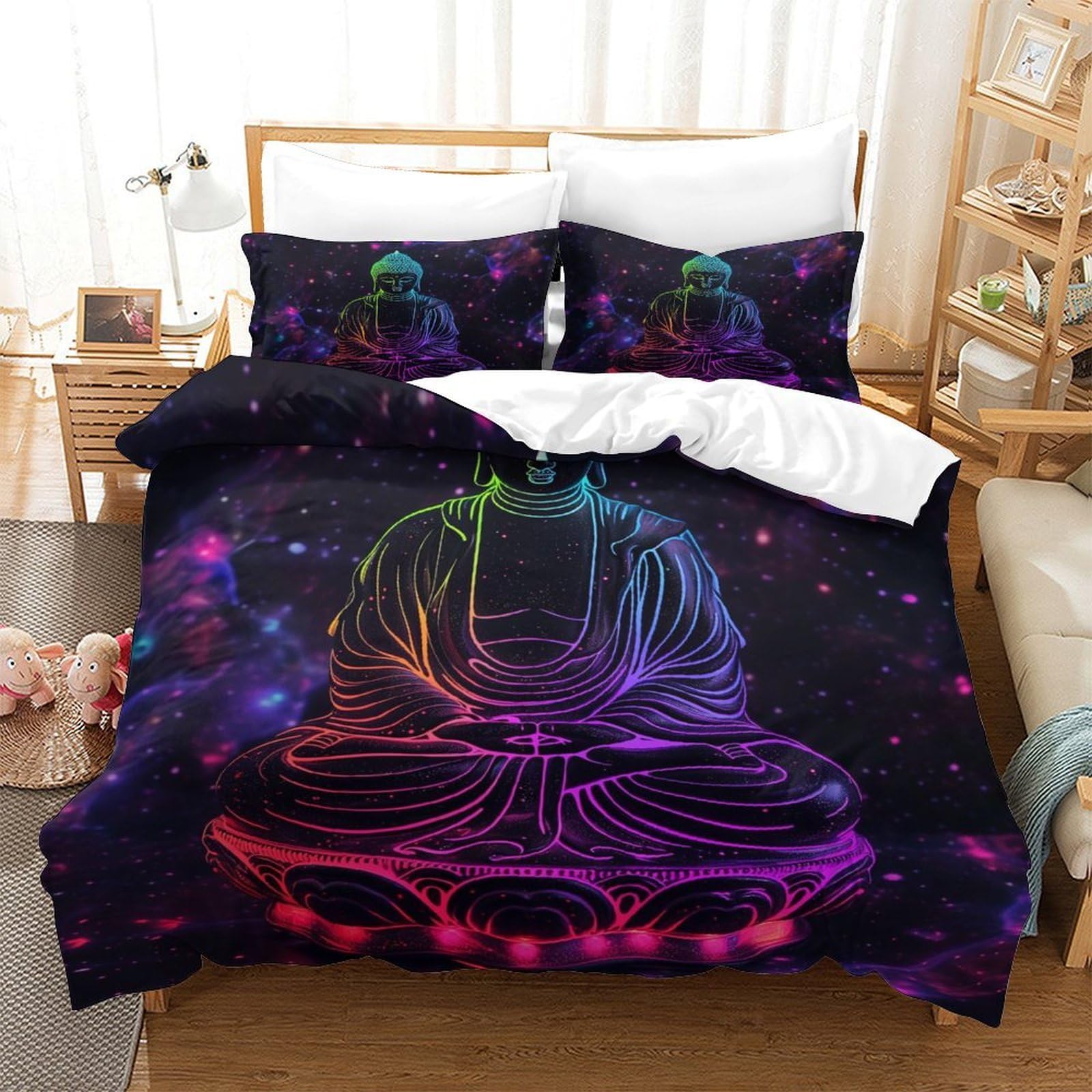 SkyClouf Buddha Statue Three-dimensional Printing Bedding Bedding Ensemble Buddha Statue Duvet Cover Ultra-fine Fiber Encased with Zipper Soft-to-the-touch And Manageable Single（140x200cm）
