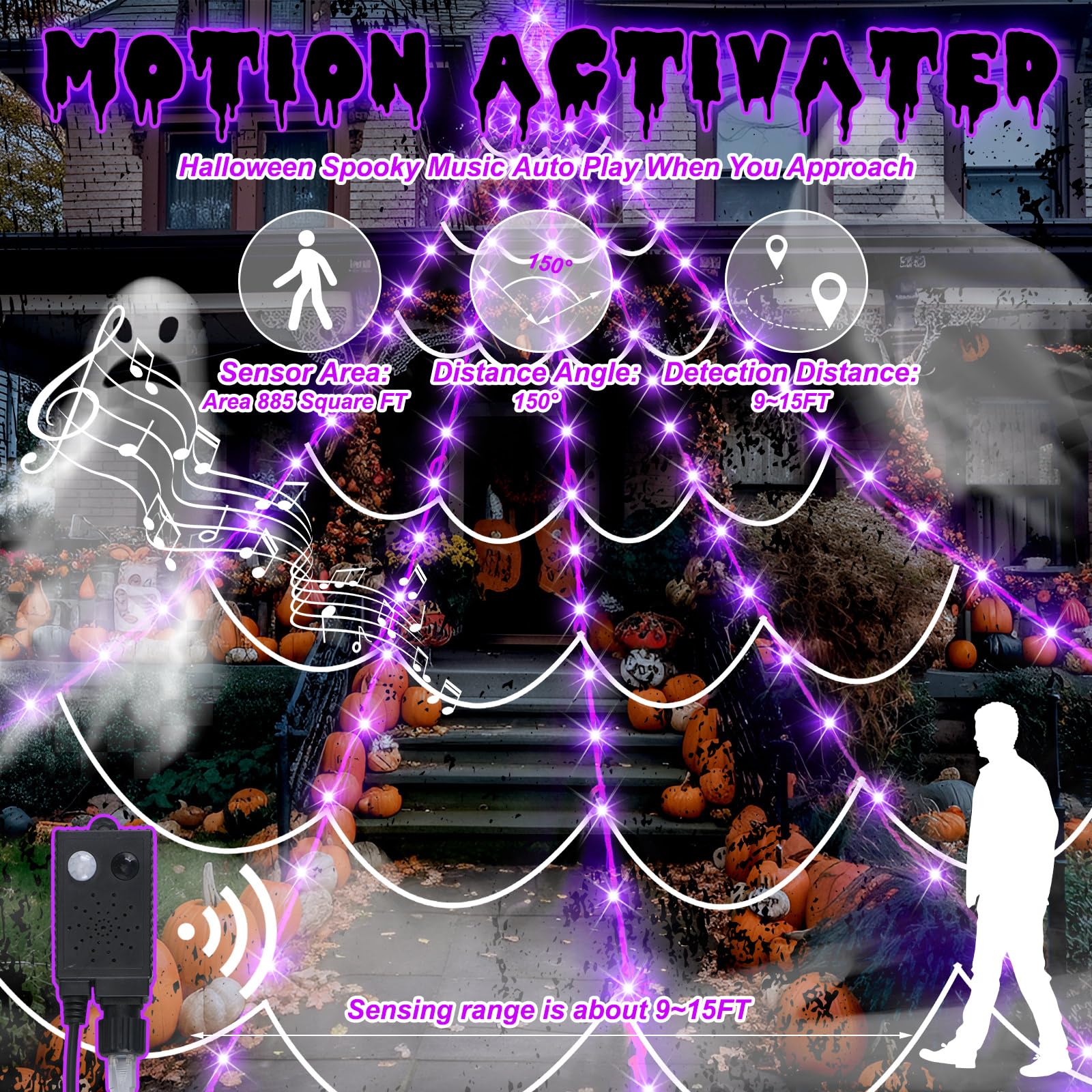 Retisee Luces Gigantes de telaraña con Sensor de Movimiento de 17 pies, 120 Luces moradas para decoración de Ventanas de Halloween, Exteriores, Interiores, hogar, Fiesta, Patio Encantado