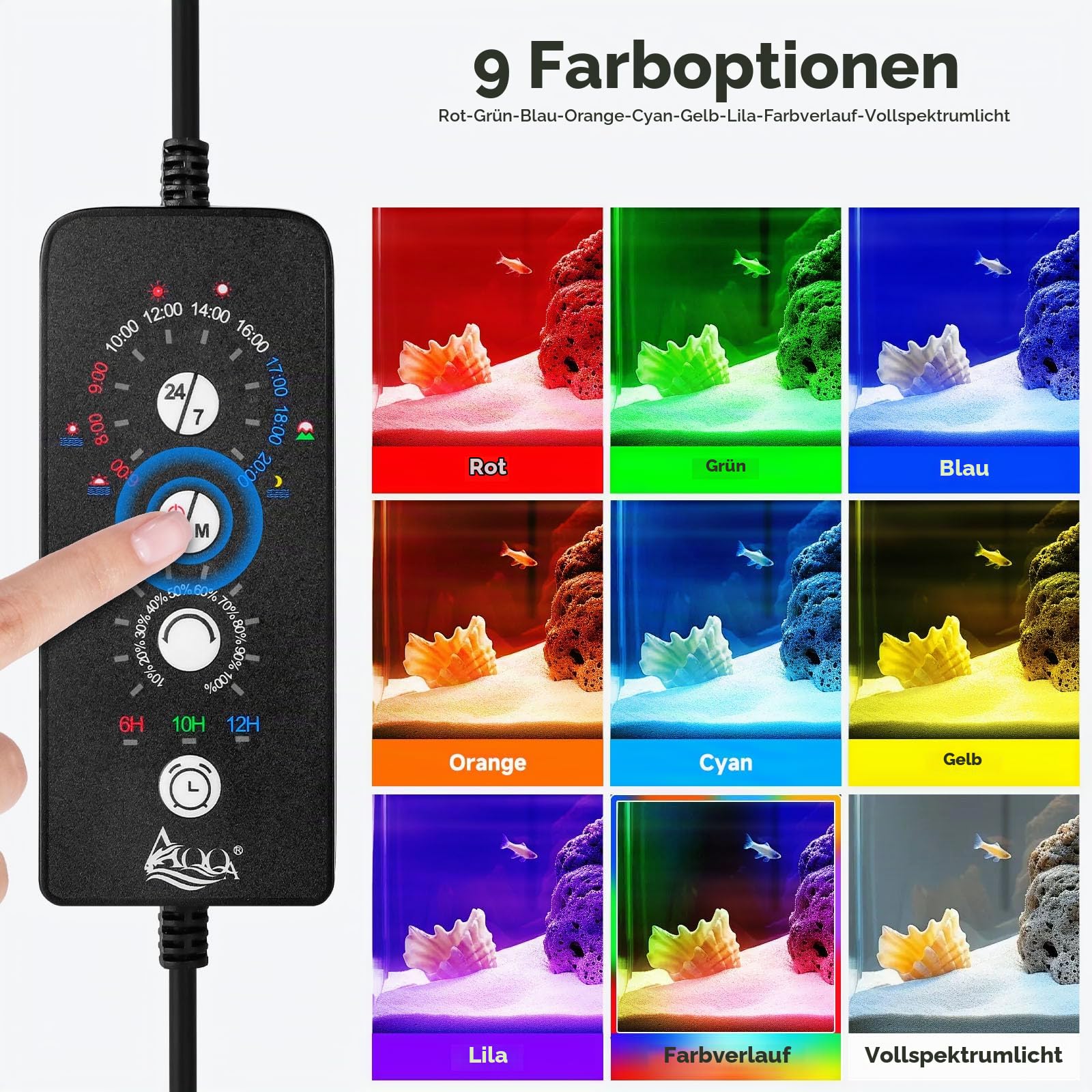AQQA Aquarium LED Beleuchtung,24/7 Modus Clip-on Aquarium Licht,DIY-Modus Vollspektrum Aquarium Pflanzenlicht,14W Einstellbarer Timer/Helligkeit mit Memory-Funktion, für 30-45cm Aquarien