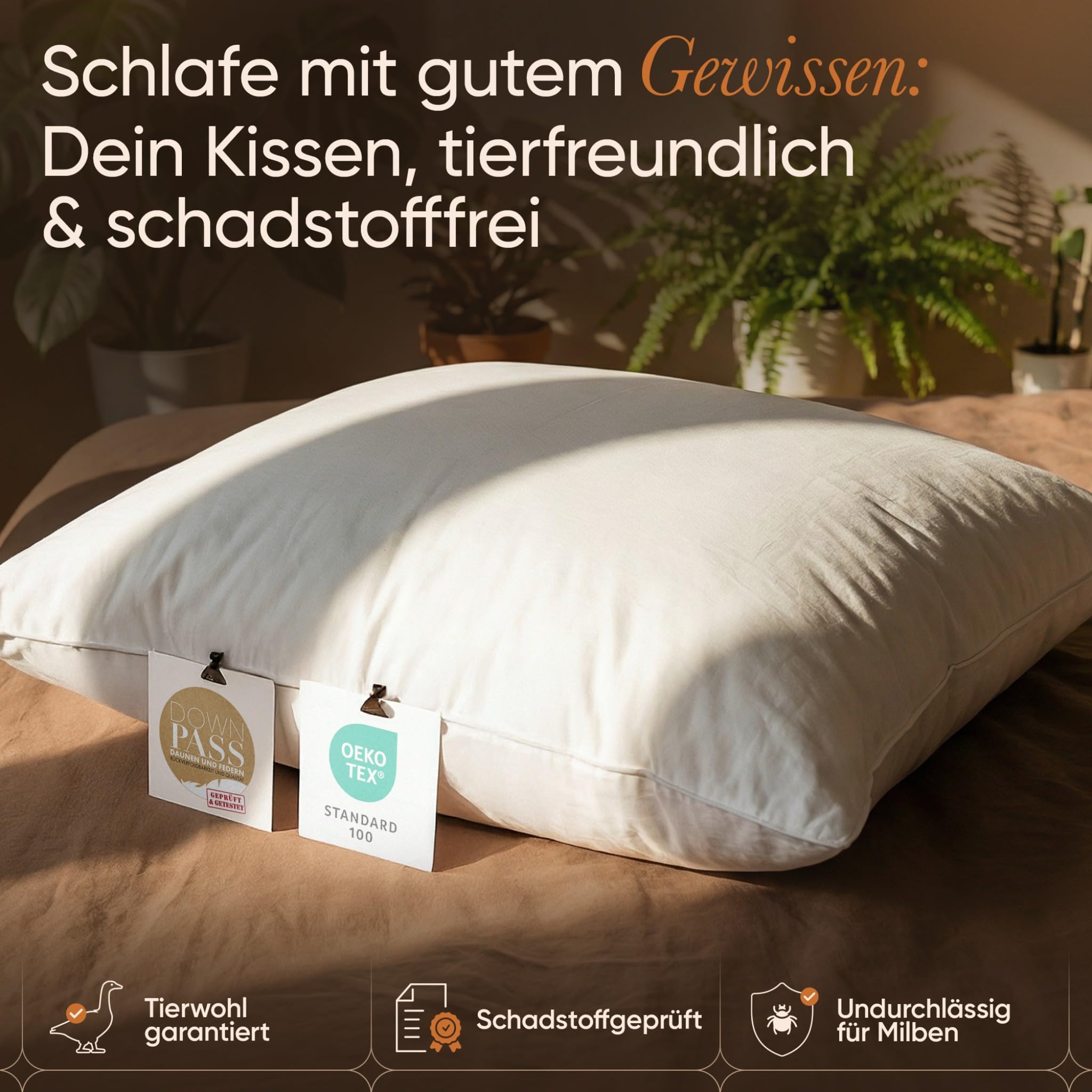 BEFA NATUR Daunenkissen 80x80 cm | 3-Kammer Kopfkissen | 90% Daunen & 10% Federkissen | 1400g Füllgewicht |Allergiker geeignet (NOMITE) | Tierwohl (DOWNPASS) | Oeko-TEX Klasse 1 | Made in Germany