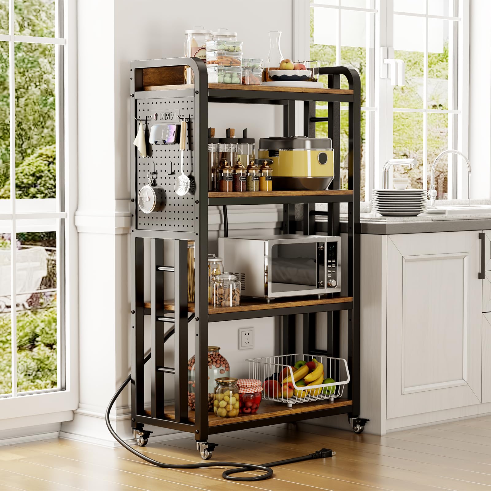 Kitchen Bakers Rack with Power Outlet,With pegboard Bakers Racks,Microwave Oven Stand with Storage 4 Tiers,bakers rack with storage,microwave cart,for