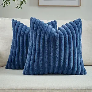 FUTEI Navy Blue Striped Decorative Throw Pillow Covers 16x16 Inch Set of 2,Square Fall Decorations Couch Pillow Case,Soft Cozy Faux Rabbit Fur & Velvet Back,Modern Home Decor for Bed