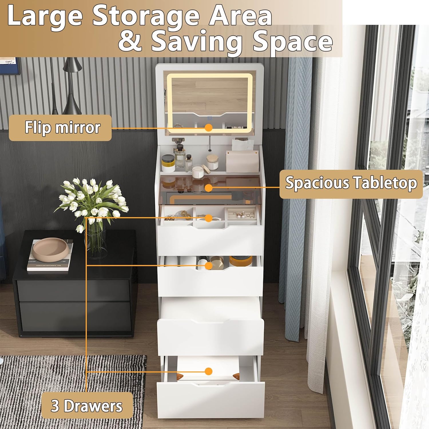 Nad głową view of the vanity desk highlighting its large storage area, flip mirror, spacious tabletop, and three drawers