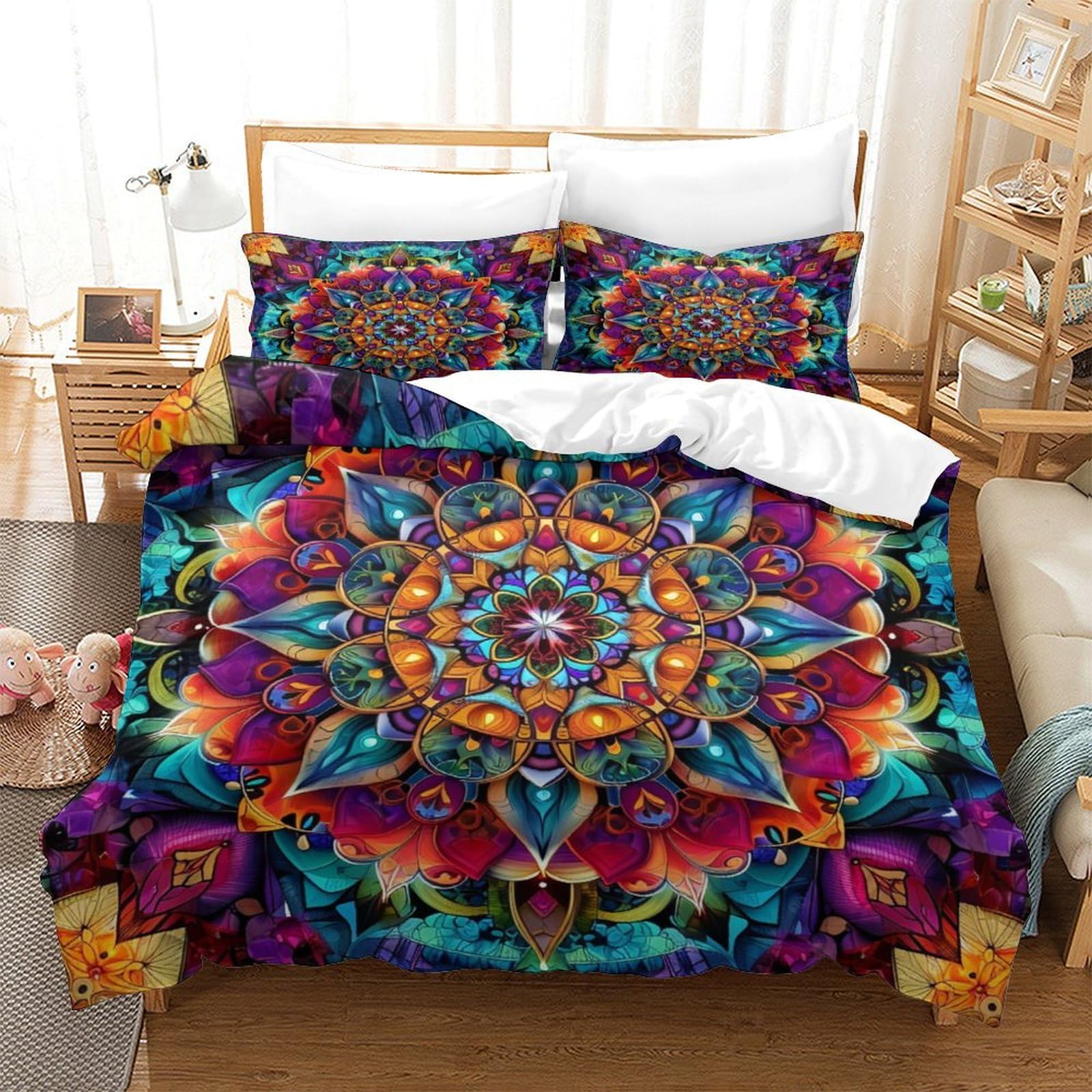 P1S9U7W5Y Boho Mandala 3D Printed Microfiber Duvet Cover Set 3 Pieces Breathable Bedding Set for Adults Teens Bedroom Decor Super king（260x220cm）