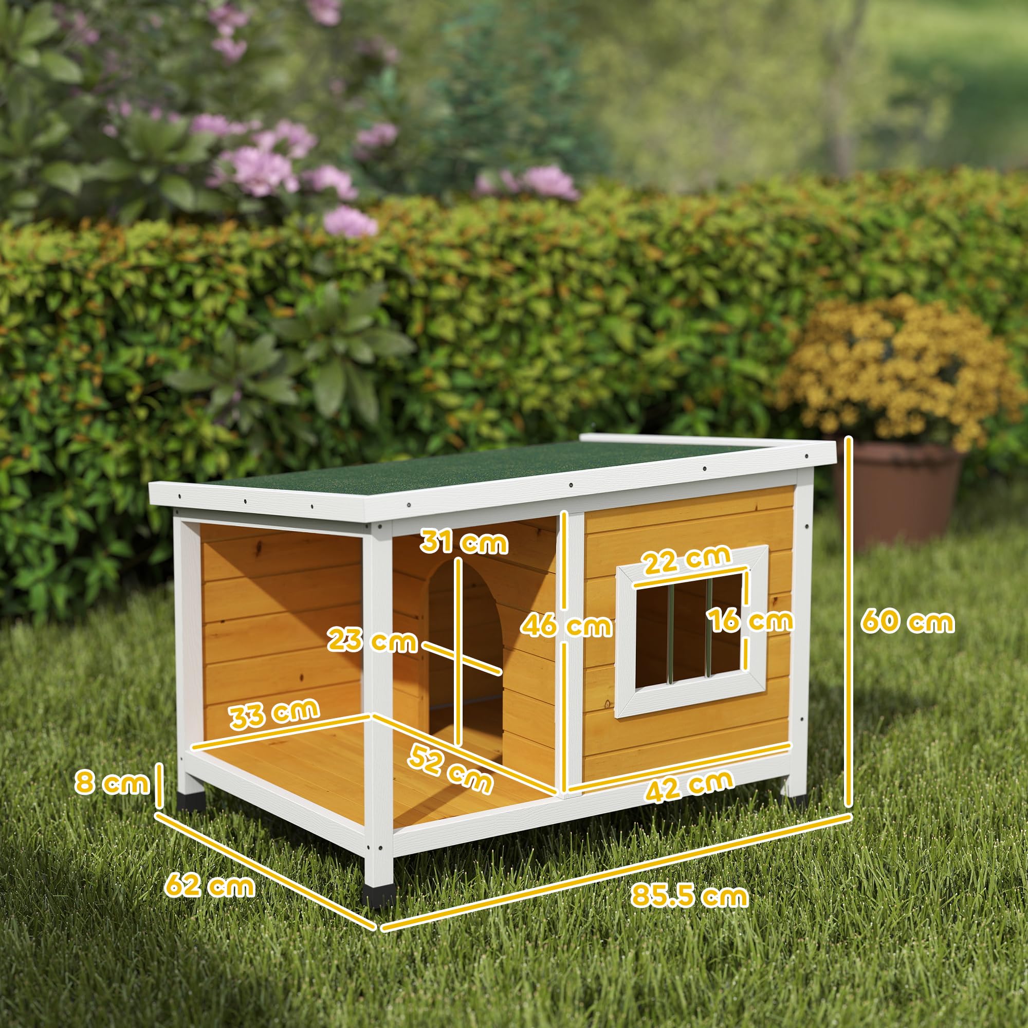 PawHut Cuccia per Cani da Esterno Rialzata con Veranda Coperta e Tetto Inclinabile, Cuccia da Esterno per Cane in Legno di Abete, 85.5x62x60 cm, Multicolore
