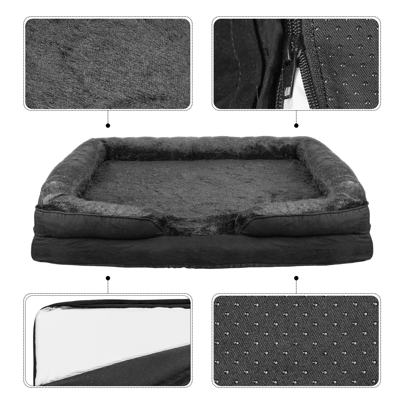 Cesta de perro de gran tamaño, cojín desenfundable, cama para perro, funda extraíble y lavable a máquina, fondo antideslizante, 106 x 80 x 20 cm (Negro)