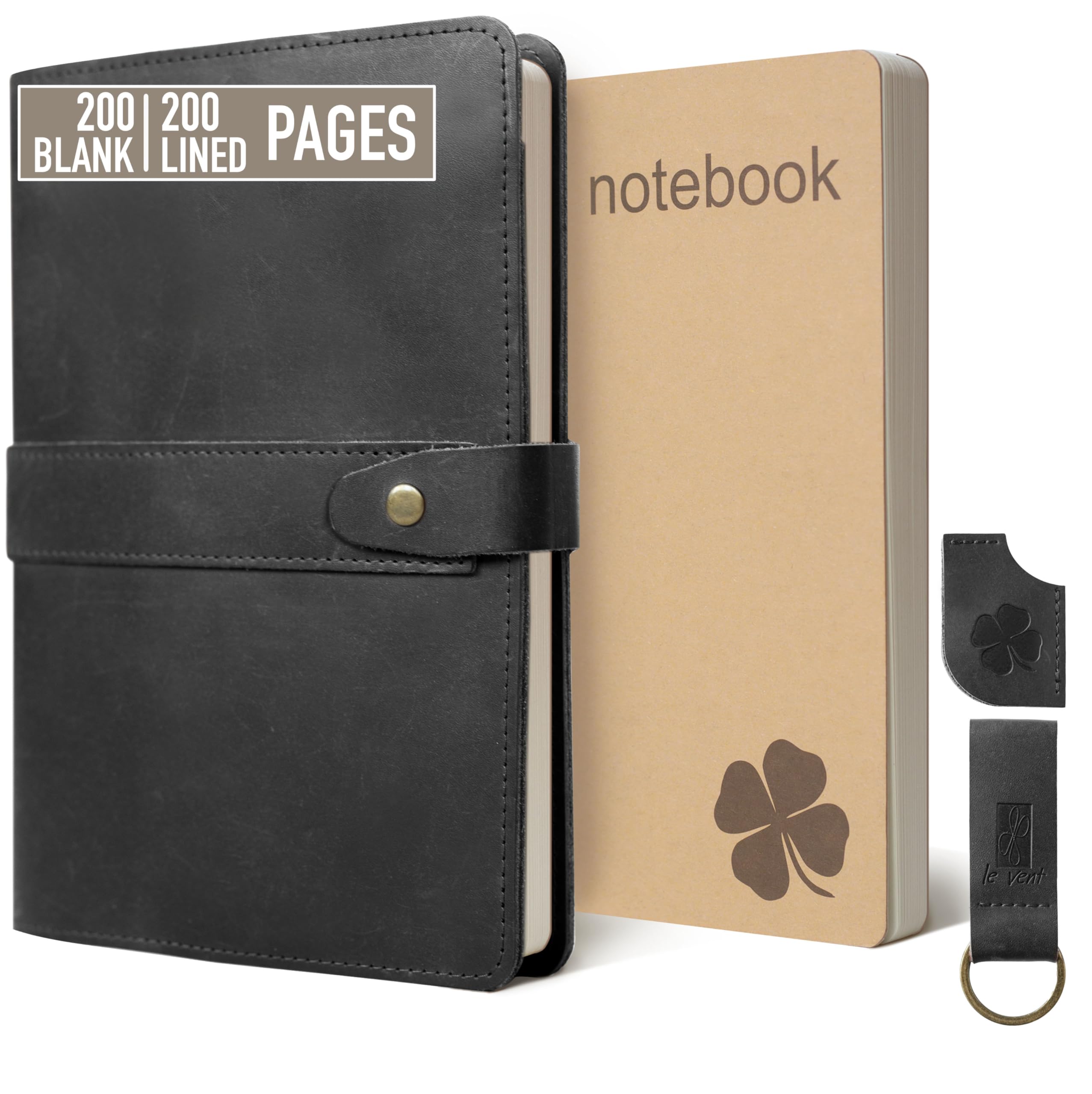 le vent 5X8 Leather Notebook Refillable | 200+200 Lined and Blank Pages | Hardcover Journal for Men & Women, Matte Black