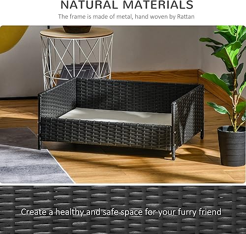 Miniatura 3 de PawHut Cama de ratán para mascotas casa de mimbre elevada para perros sofá de animales pequeños para interiores y exteriores con cojín suave lavable