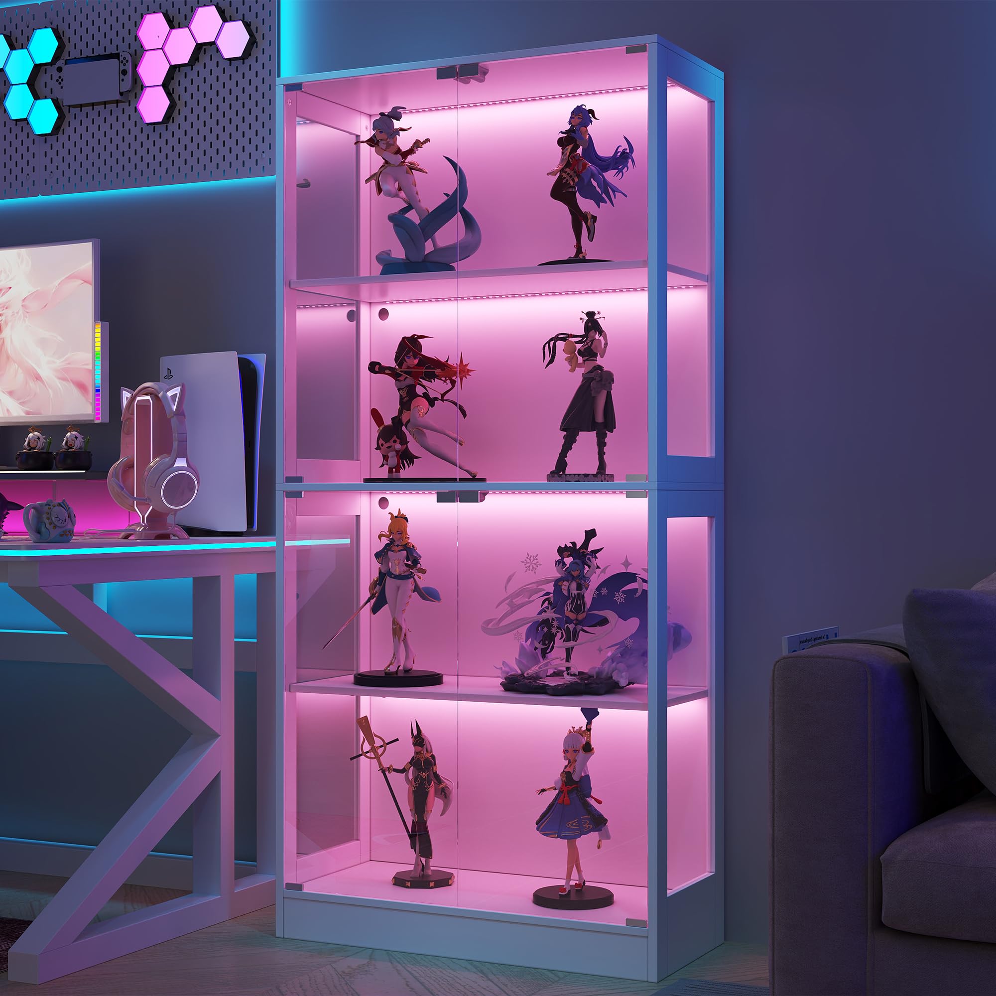 Soweiz Vitrina LED de cristal transparente, 4 niveles de almacenamiento, luz LED controlada por aplicación, puertas push to abiertas, vitrina para figuras y modelos (blanco, 80 x 35 x 170 cm)