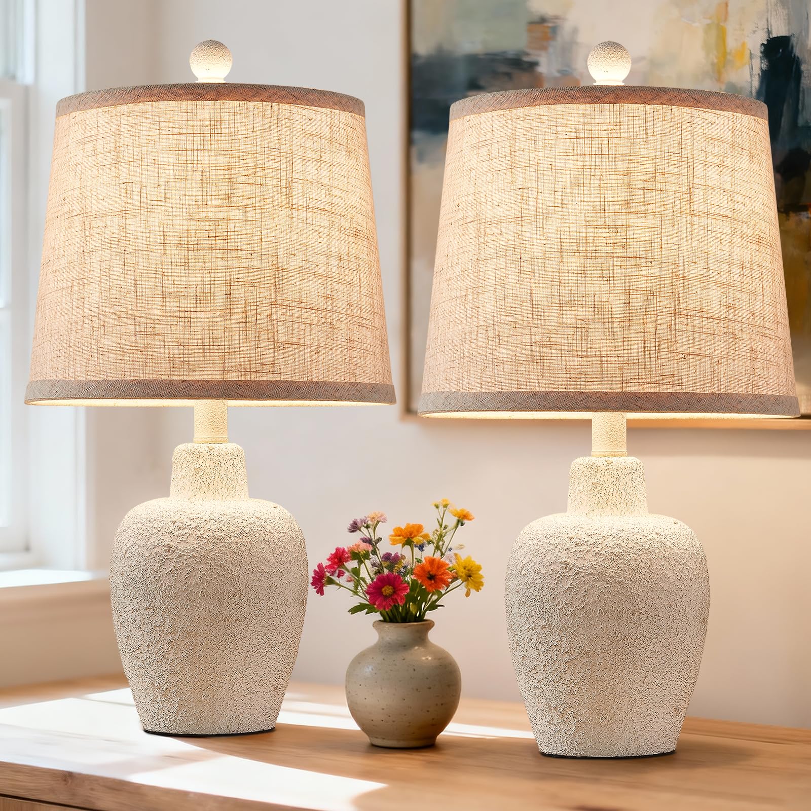 Photo 1 of HUITICO Table Lamps for Bedroom Set of 2 Farmhouse Table Lamps for Living Room 21" Rustic Cottage Jar-Shaped Bedside Lamp for Nightstand with Natural Beige Finish,Bulbs Not Included