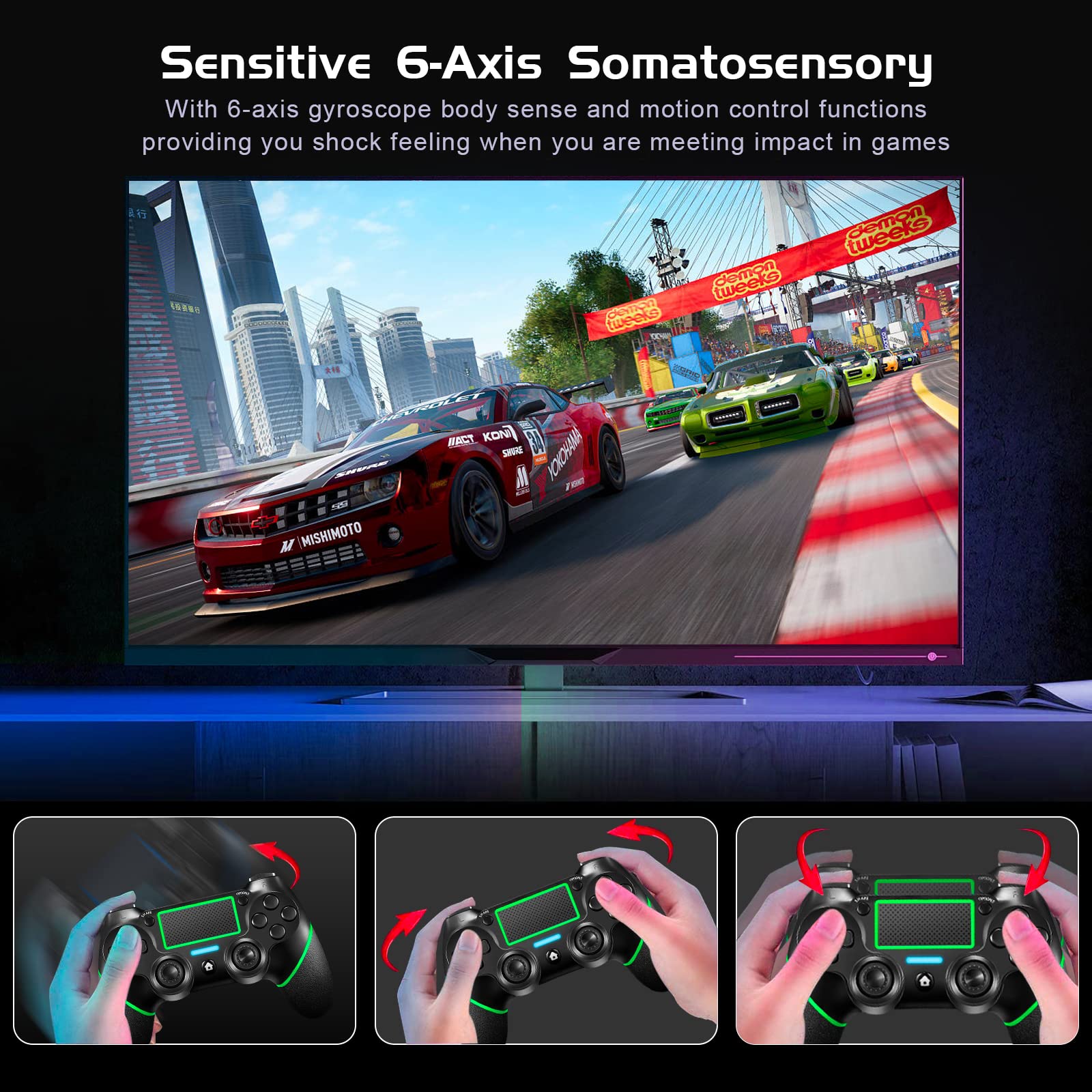 Holilo Controller wireless per PS-4, controller di gioco compatibile con P-S4/Pro/Slim Gamepad con Doppia Vibrazione/Sensore Giroscopico a 6 Assi/Risveglio/Touch Panel-Verde