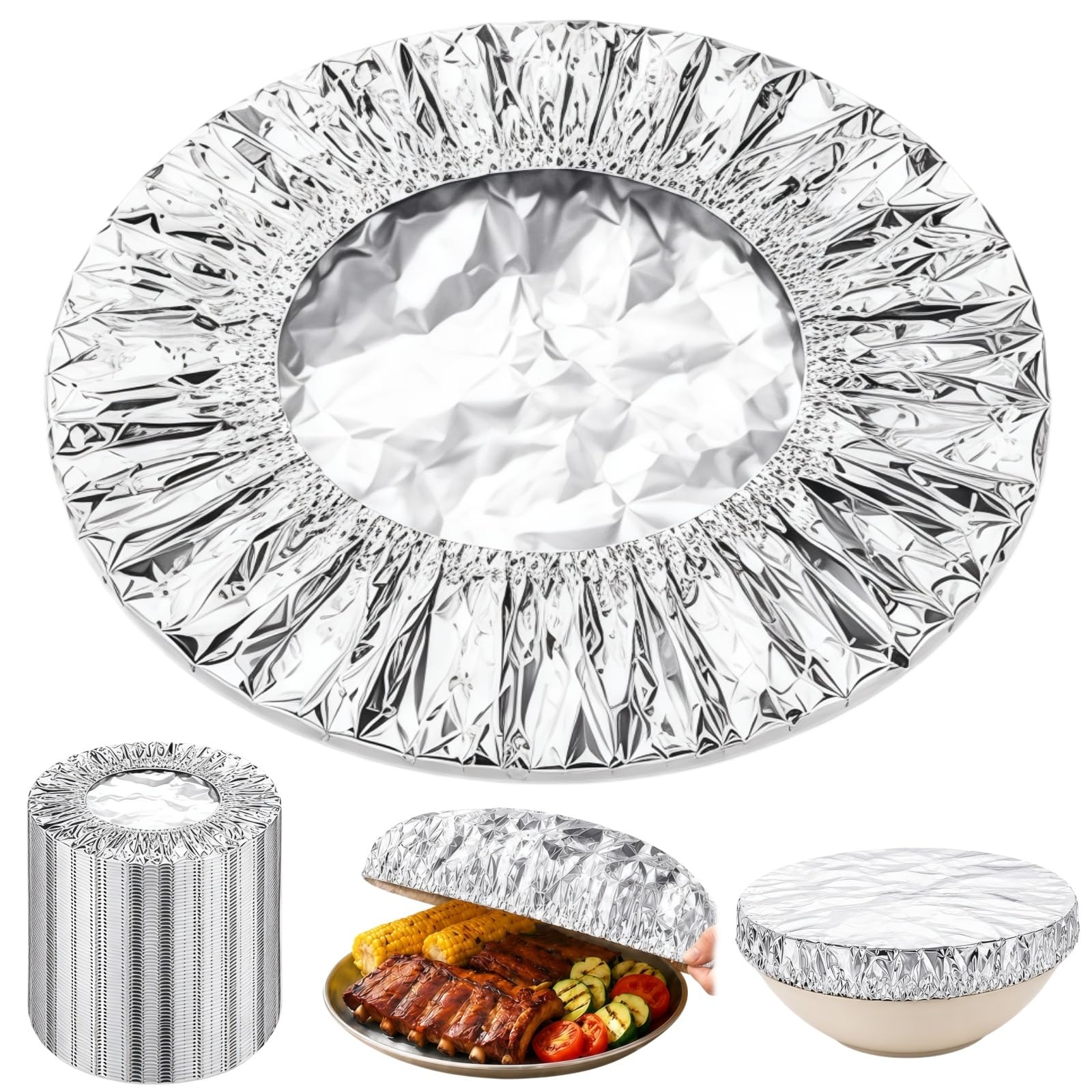Reusable Aluminum Foil Food Covers, Aluminum Foil Covers for Food, Stretchable Heat Retaining Silver Toppers on Bowls, Plates and Pots during Family Road Trip Dining (30Pcs)
