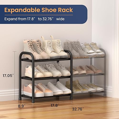 Miniatura 2 de ENJOYBASICS Zapatero expandible, estante organizador de zapatos ajustable de 3 niveles para armario, estante de almacenamiento de metal negro para