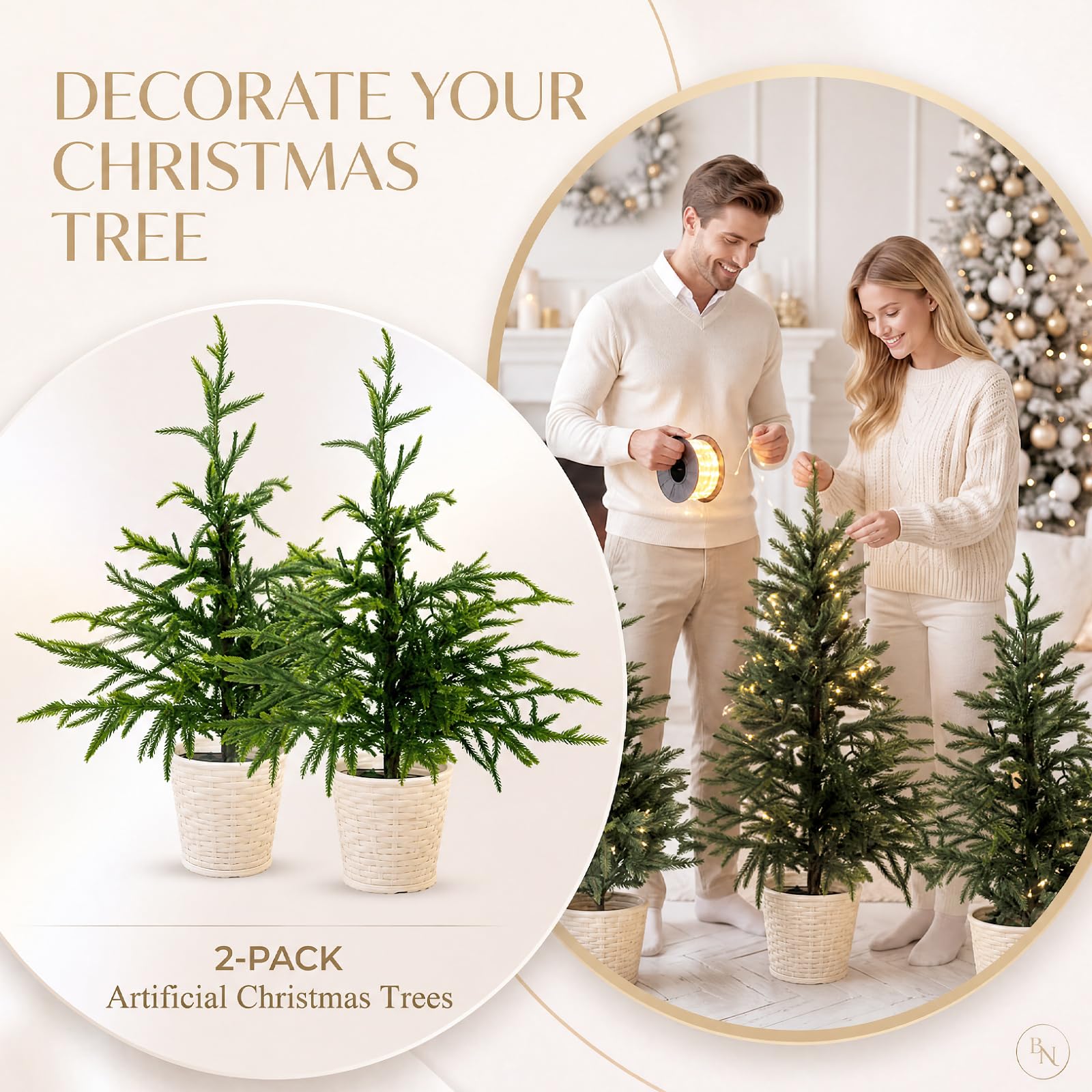 Cinnvoice Norfolk Lot de 2 sapins de Noël artificiels de 0,6 m avec lumières LED sur la table - Sapins de Noël pré-éclairés à piles pour intérieur ou extérieur - Décoration de vacances