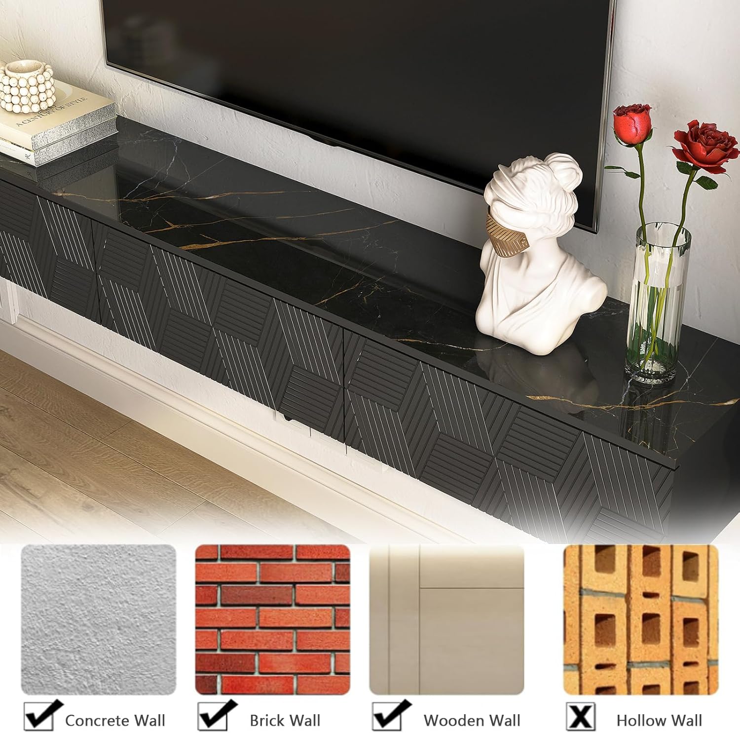Floating TV Stand, Wall Mounted TV Shelf with Led Lights & Power Outlet, Marble Top Entertainment Center with Storage, 67'' Media Console TV Stands for Living Room, Bedroom, Black