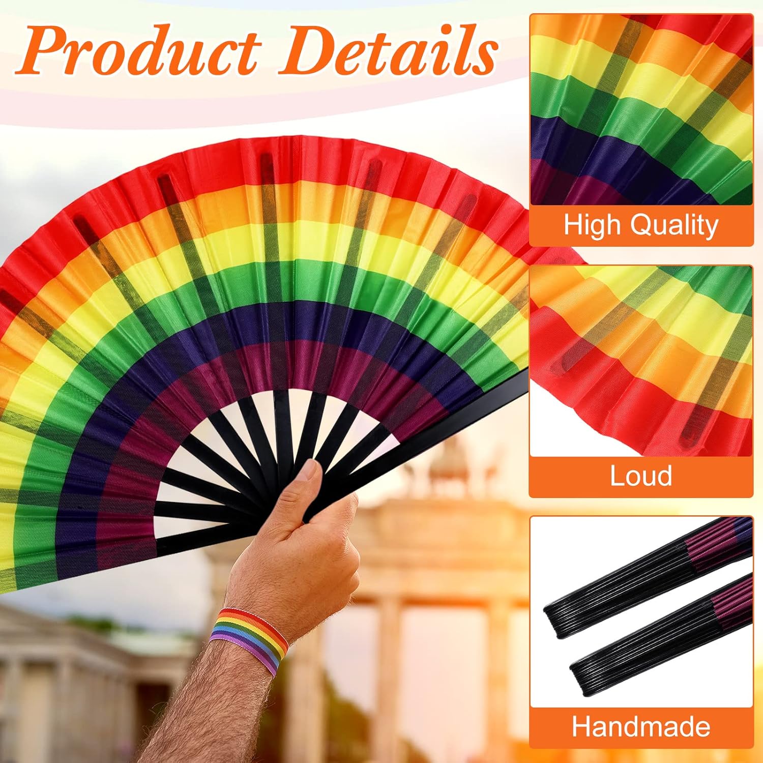 Geetery 6 Pcs Extra Large Rainbow Folding Hand Gay Fan LGBT Fans Festival Pride Rainbow Fans for Women Men Parade Dance Party,Music Festival,Dance Club Event Supplies(Black)