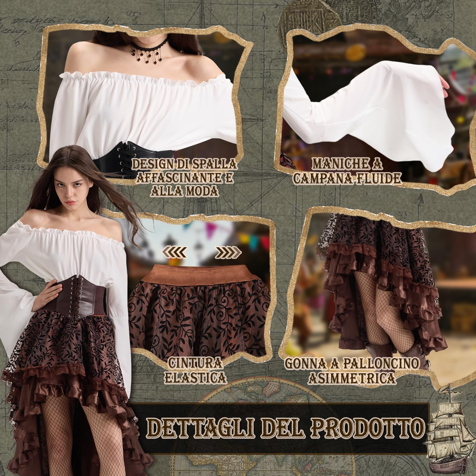 Charmofun Costume da Pirata da Donna, Abito Medievale Donna con Top A Spalle Scoperte e Corsetto da pirata, Abito Rinascimentale Vittoriana per Carnevale Halloween Cosplay (Marrone, S)