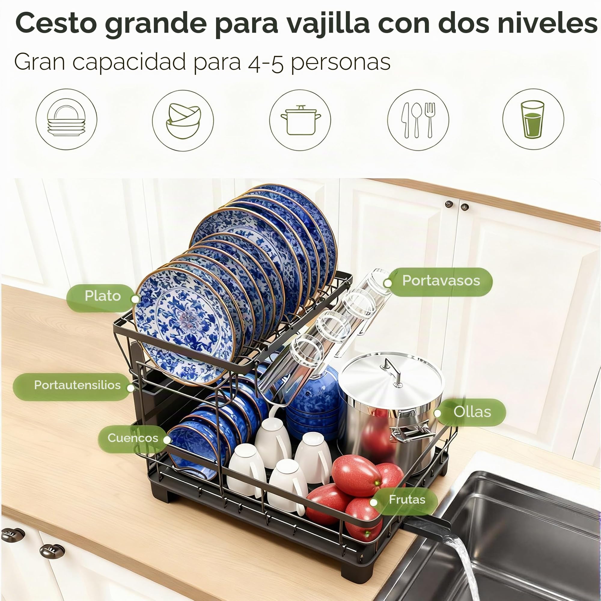 Theo&Cleo Escurreplatos para Vajilla, Escurreplatos de 2 Niveles, Portaplatos con Salida Giratoria de 360° y Bandeja Escurridora, Ahorrador de Espacio para la Cocina (Negro-L)