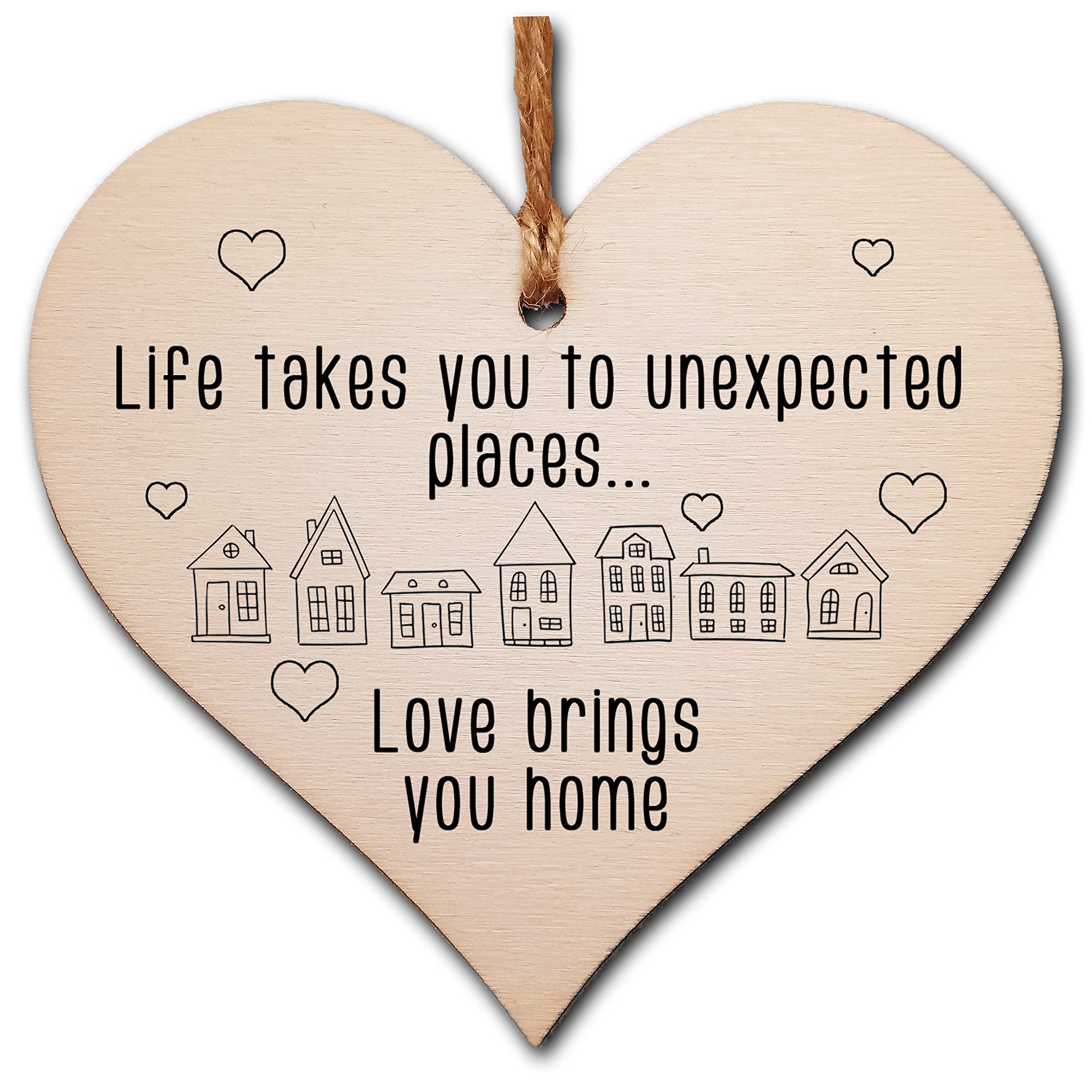 The Plum Penguin Brown Handmade Wooden Hanging Heart Plaque Gift Life Unexpected Love Home Inspirational Wall Hanger Card Alternative Friendship Family