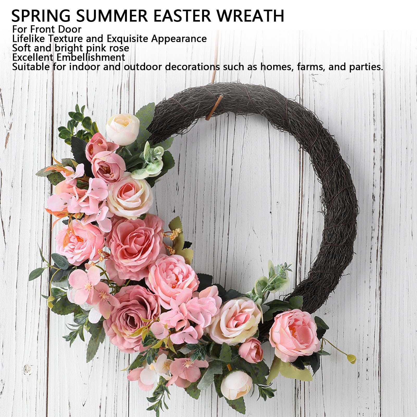 Ghirlanda Primaverile Artificiale con Fiori, Decorazione Primaverile Ed Estiva per Pasqua, Rose Rosa Realistiche, Decorazione da Appendere Alla Porta per Interni Ed Ester (Ghirlanda di rose