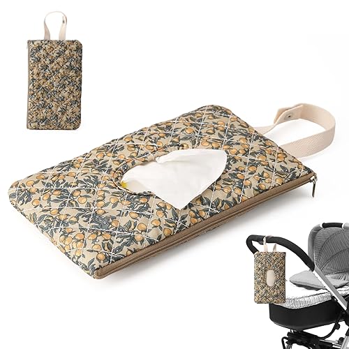 Diaper and Wipes Pouch, Portable Refillable Floral Reusable Wipes Pouch Quilted Bag with Lanyard for Casual Travel Reusable