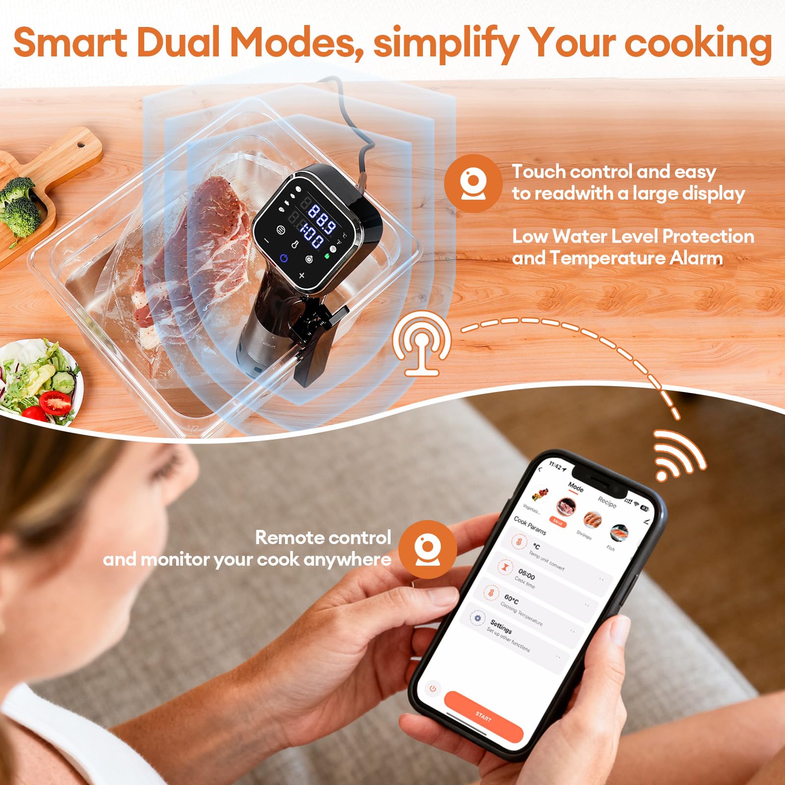Cocina Sous Vide WiFi de 2.4 G, circulador de inmersión de precisión de 1100 W con control de temperatura de ±0.-17.2 °C, IPX7 impermeable, funcionamiento silencioso, pantalla LED y 4 protecciones de