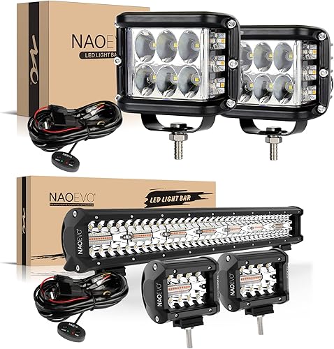 NAOEVO Cápsulas de luz de 20 pulgadas, 4 pulgadas, ámbar, blanco, azul, rojo, estroboscópico, 6 modos de función de reinicio de memoria con arnés de