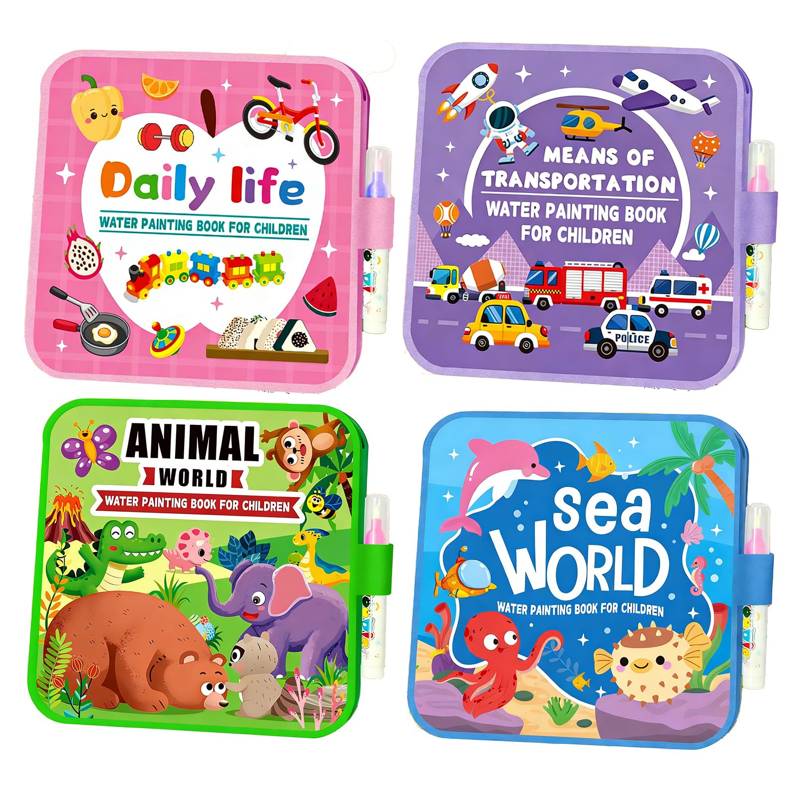 4 Pcs Mess Free Water Painting Book Reusable Coloring Book with Water Pens for Kids Magic Water Drawing Kit with Animal Transportation Daily Life Patterns Aqua Art Sensory Educational Painting Toy - Image 7