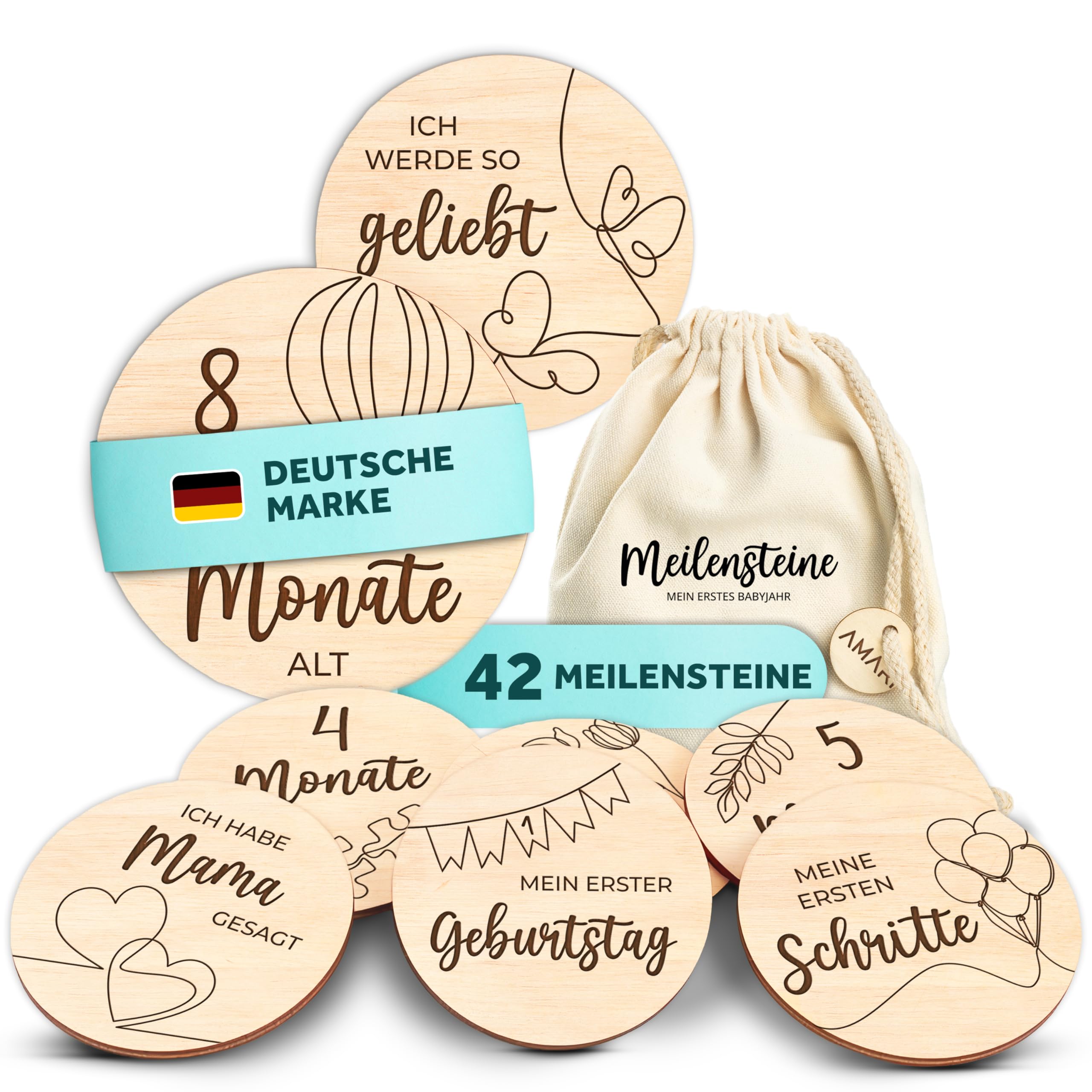AMARI ® Meilensteinkarten Baby aus Holz (42 Stück) - Baby Geschenk zur Geburt - Babyparty Deko, Babygeschenk Junge Mädchen, Babygeschenke, Geschenk Geburt Neugeborene Babyshower