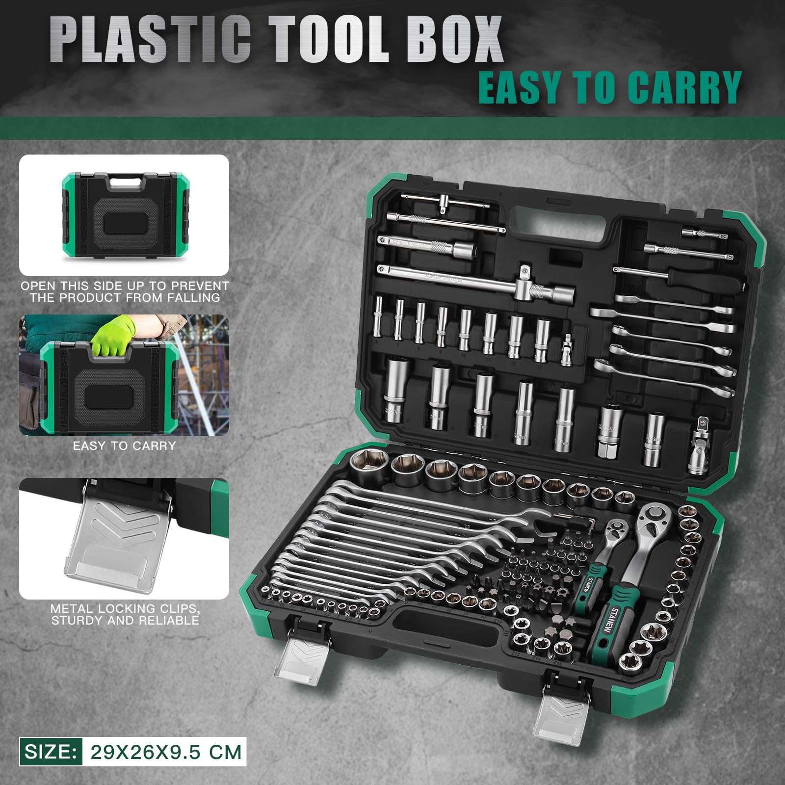 STANEW Set di chiavi a bussola Set di utensili da 131 pezzi, Cricchetto 1/4" e 1/2", chiavi a cricchetto doppie con estremità aperta, CR-V, Kit di Attrezzi Meccanici per Auto