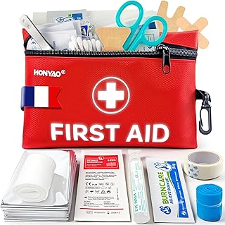 HONYAO Trousse de Secours 105 Pièces, Trousse à Pharmacie Voyage, Kit de Premier Secours pour Maison Randonnée Voiture Camping Enfant Lieu de Travail, Rouge