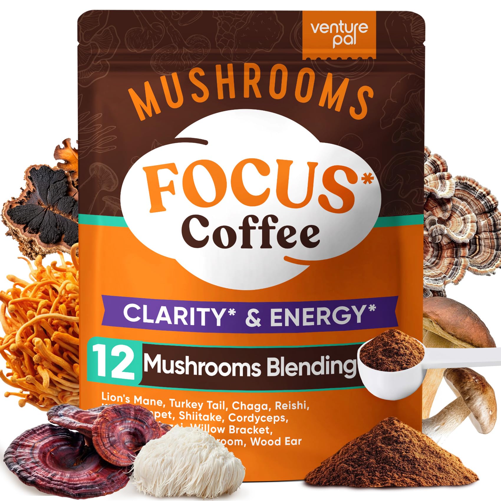 Venture Pal 12 Mushrooms Coffee Powder with Ashwagandha, Lion's Mane, Reishi, Probiotics & More, 1200mg(10:1) Extract Instant Mushroom Coffee for Focus, Immunity Boost, Memory & Clarity - 40 Servings